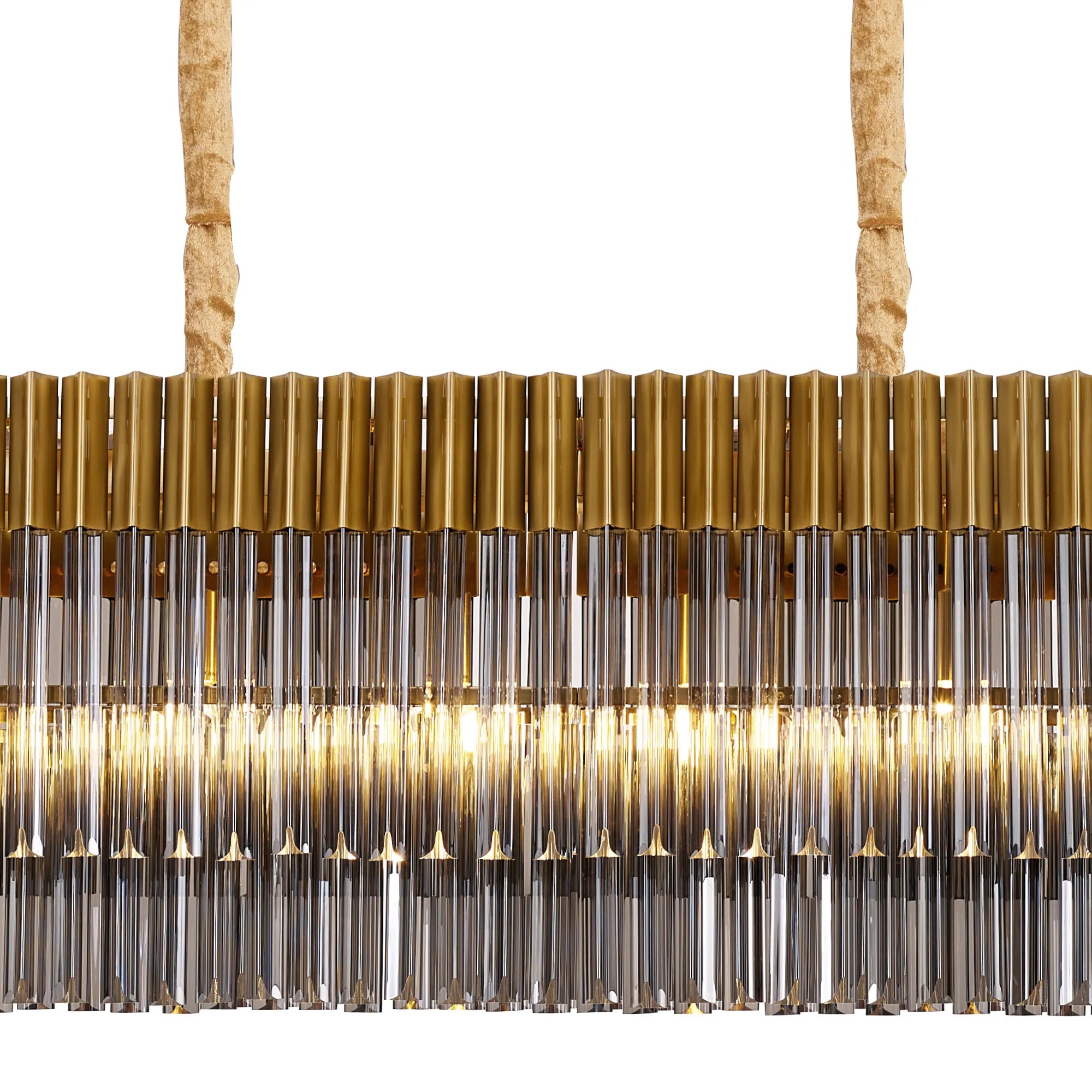 Cedar 200 x 40cm Linear Pendant 10 Light - Brass & Smoked Sculpted Glass