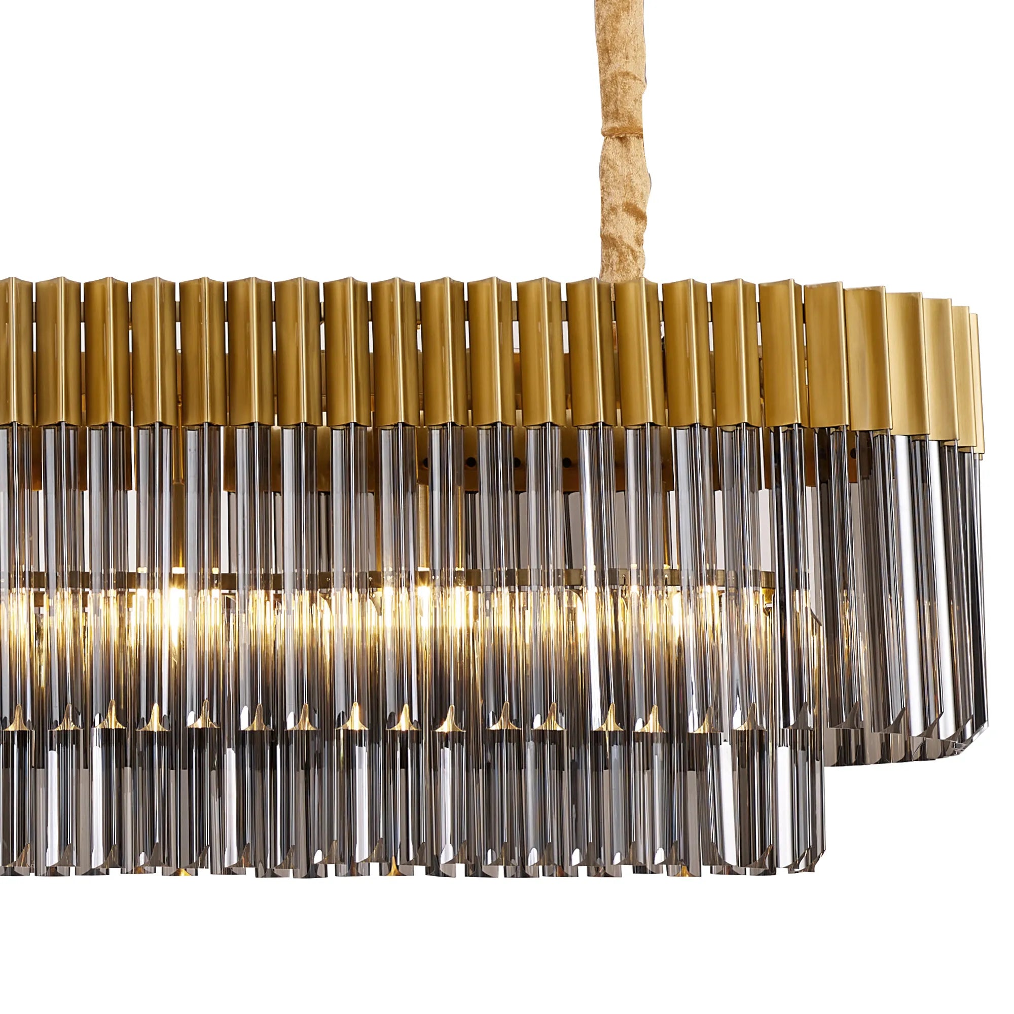 Cedar 200 x 40cm Linear Pendant 10 Light - Brass & Smoked Sculpted Glass