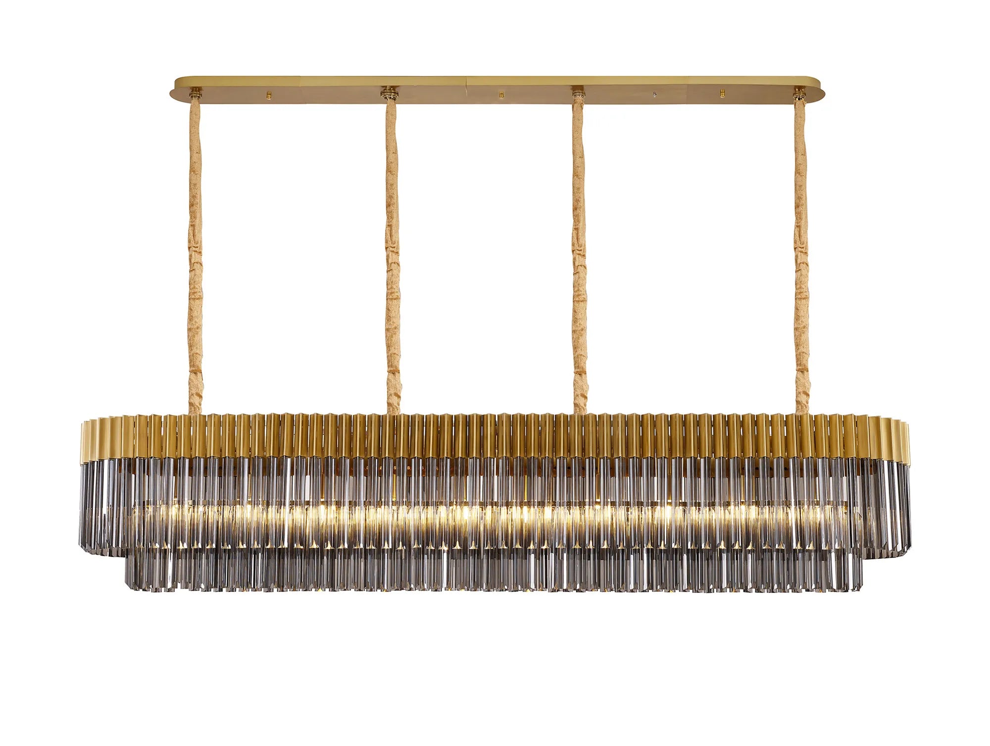 Cedar 200 x 40cm Linear Pendant 10 Light - Brass & Smoked Sculpted Glass