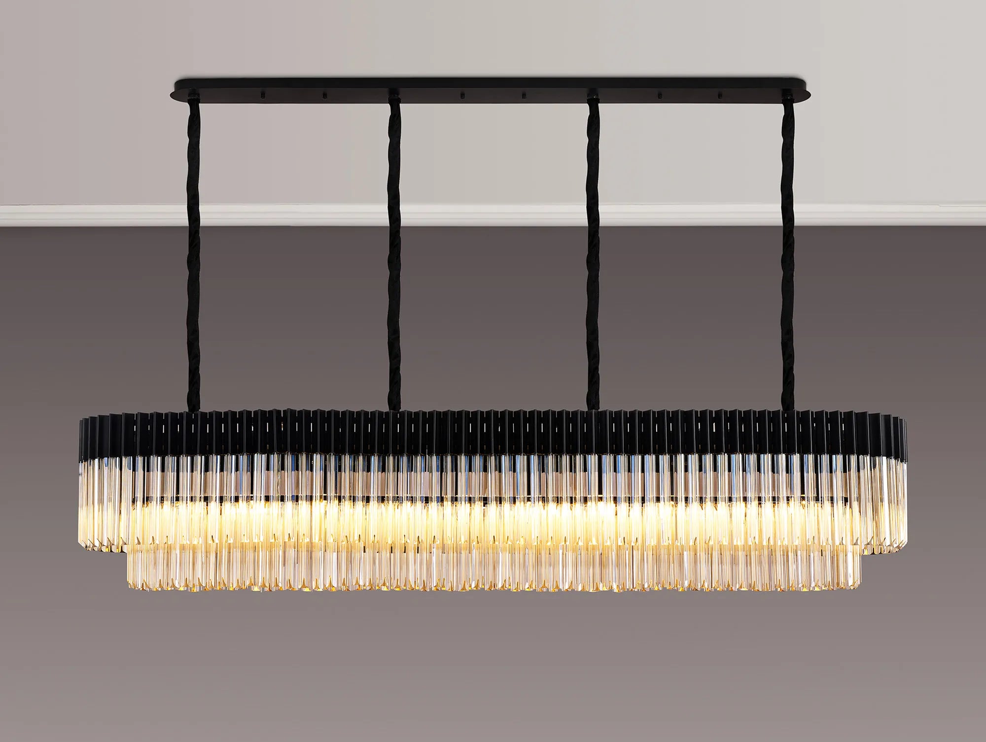 Cedar 200 x 40cm Linear Pendant 10 Light - Matt Black & Cognac Sculpted Glass