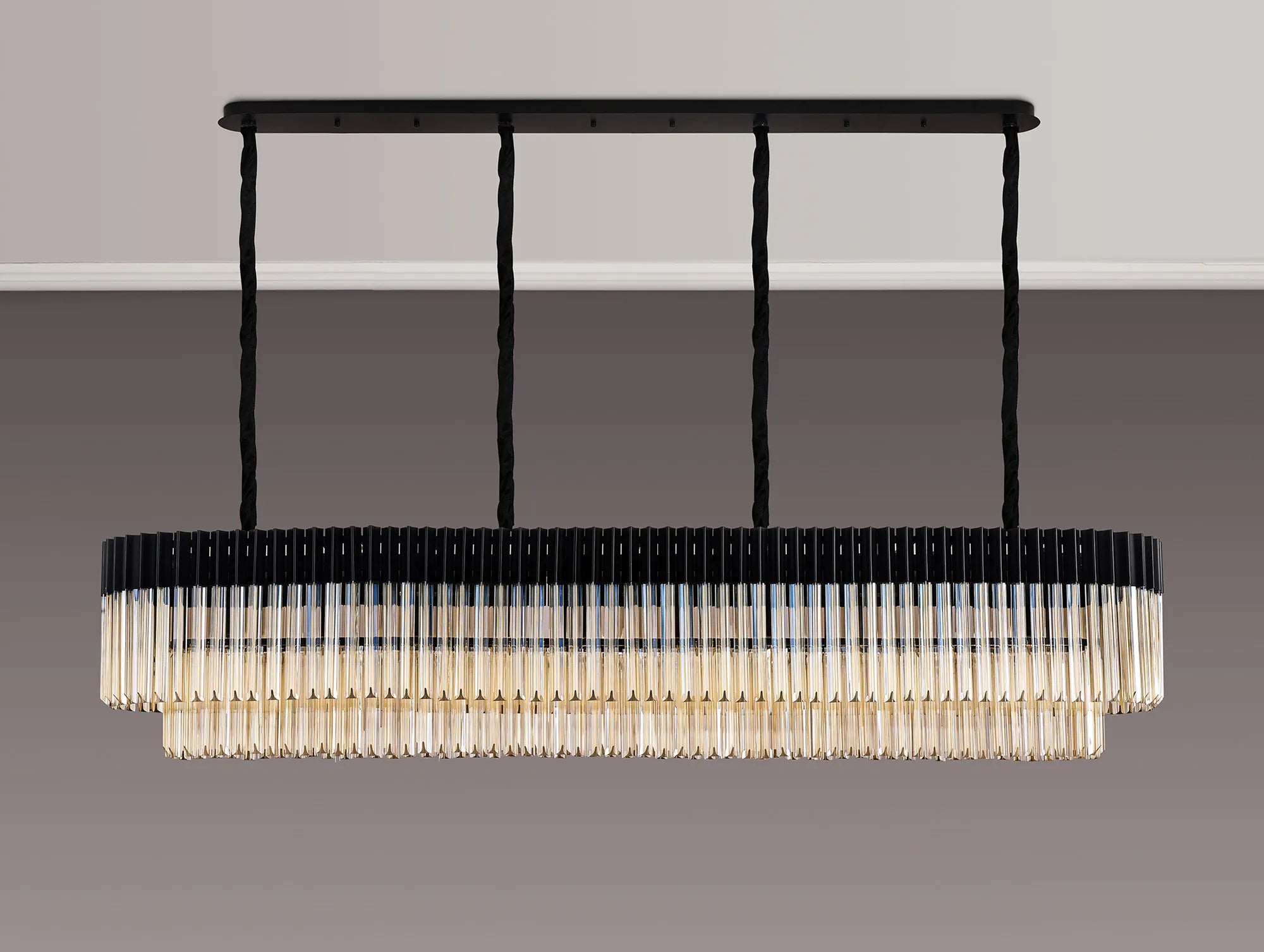 Cedar 200 x 40cm Linear Pendant 10 Light - Matt Black & Cognac Sculpted Glass