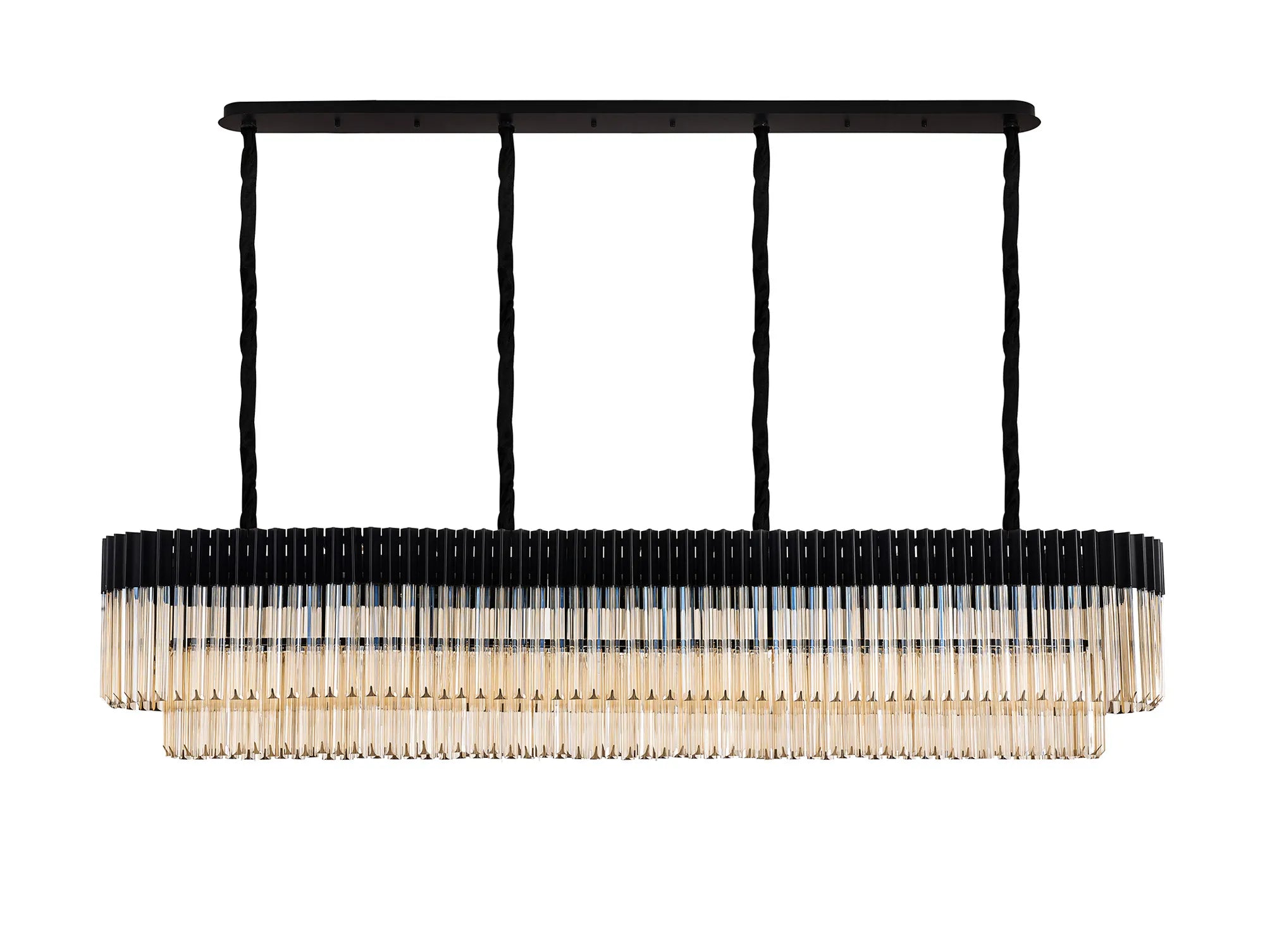 Cedar 200 x 40cm Linear Pendant 10 Light - Matt Black & Cognac Sculpted Glass
