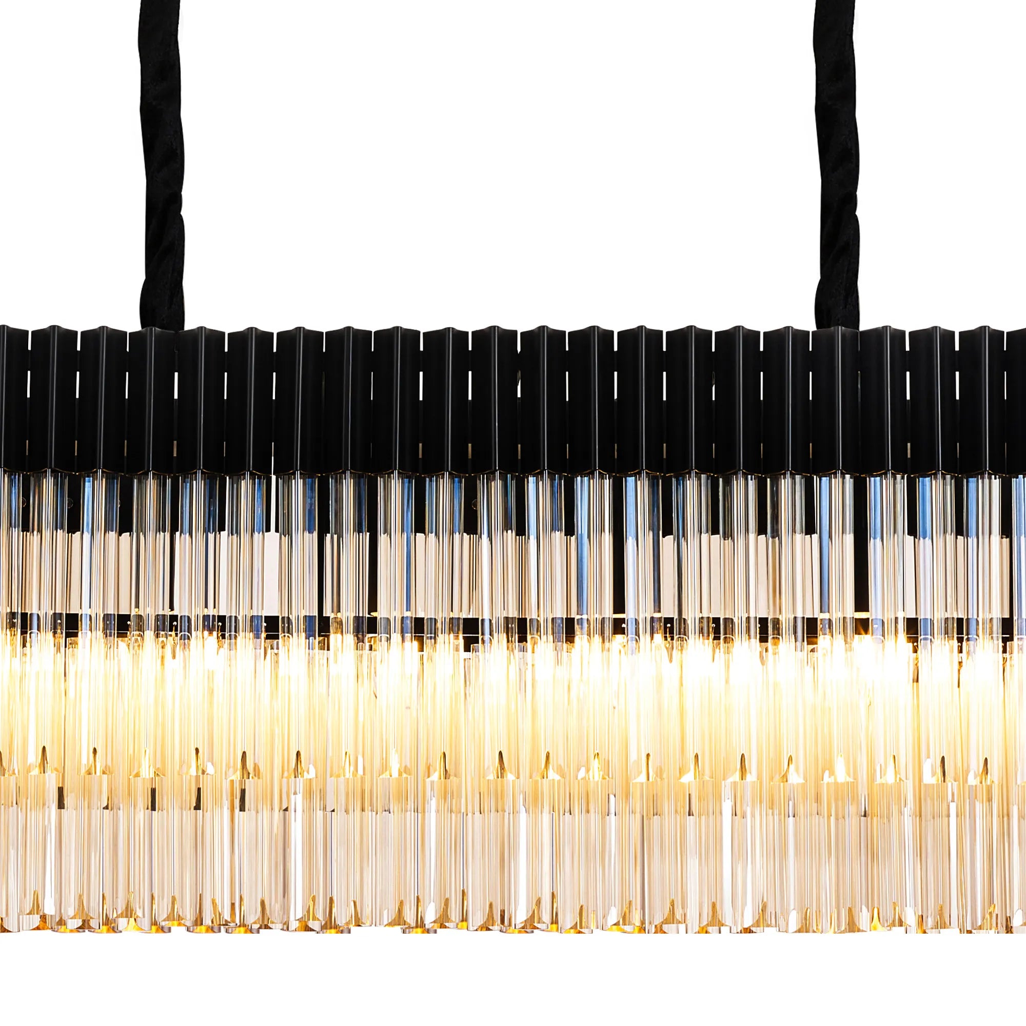 Cedar 200 x 40cm Linear Pendant 10 Light - Matt Black & Cognac Sculpted Glass
