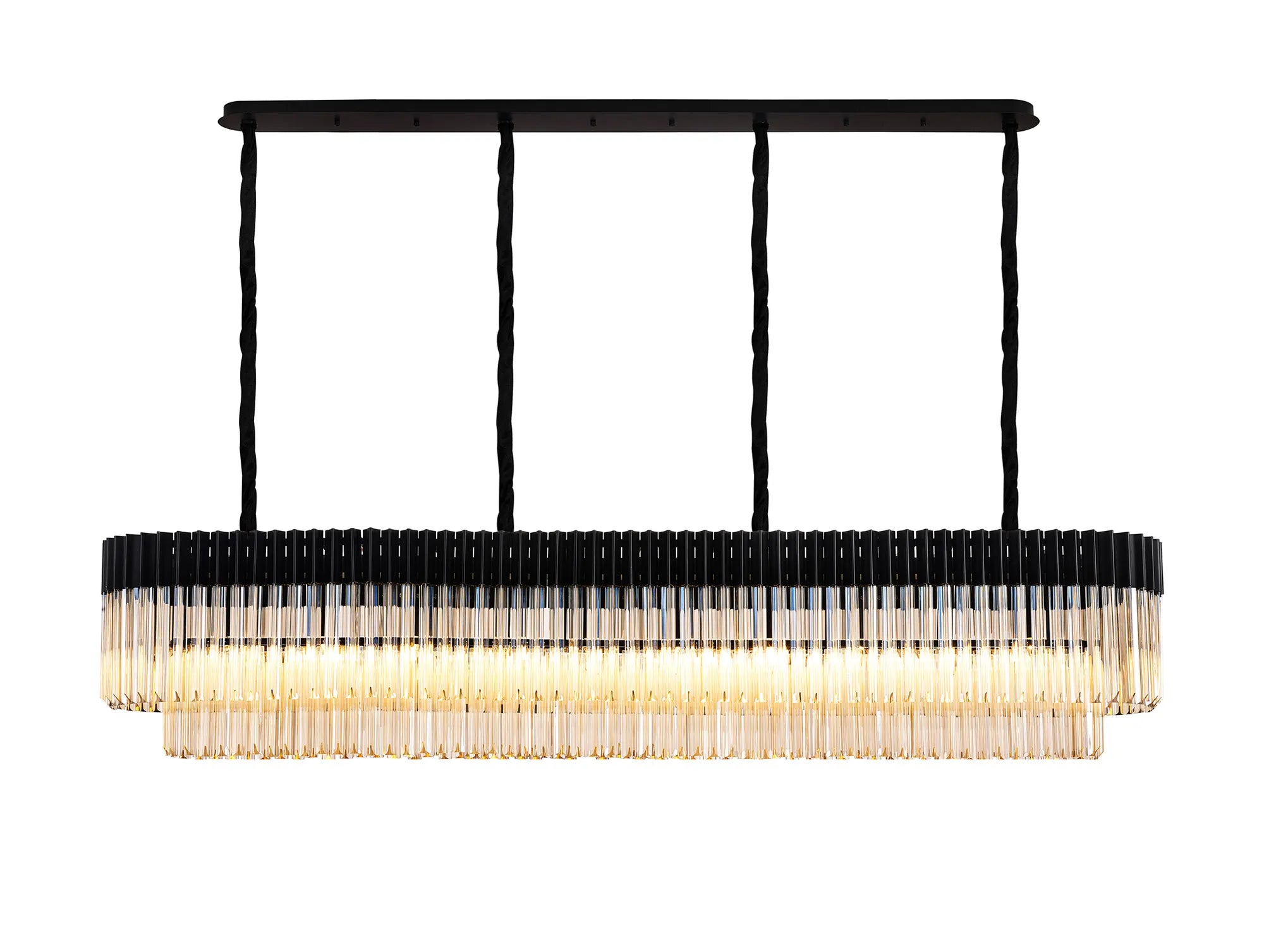 Cedar 200 x 40cm Linear Pendant 10 Light - Matt Black & Cognac Sculpted Glass