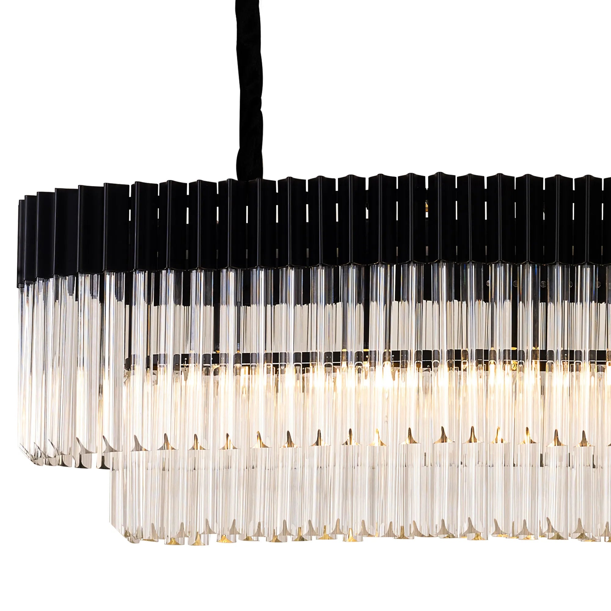 Cedar 200 x 40cm Linear Pendant 10 Light - Matt Black & Clear Sculpted Glass