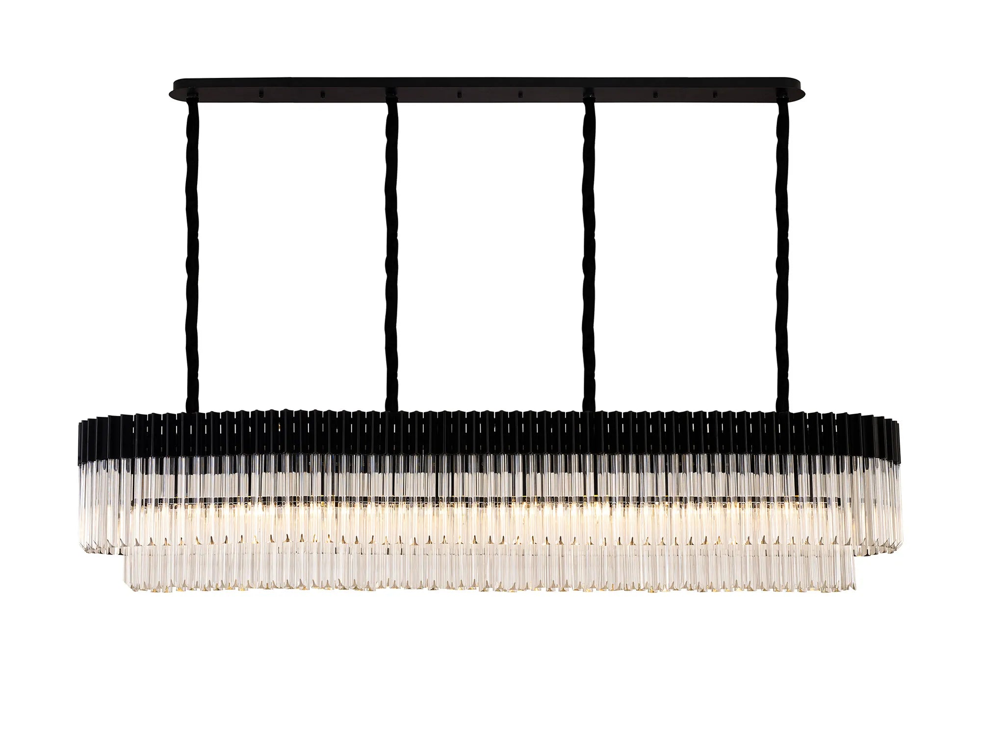 Cedar 200 x 40cm Linear Pendant 10 Light - Matt Black & Clear Sculpted Glass