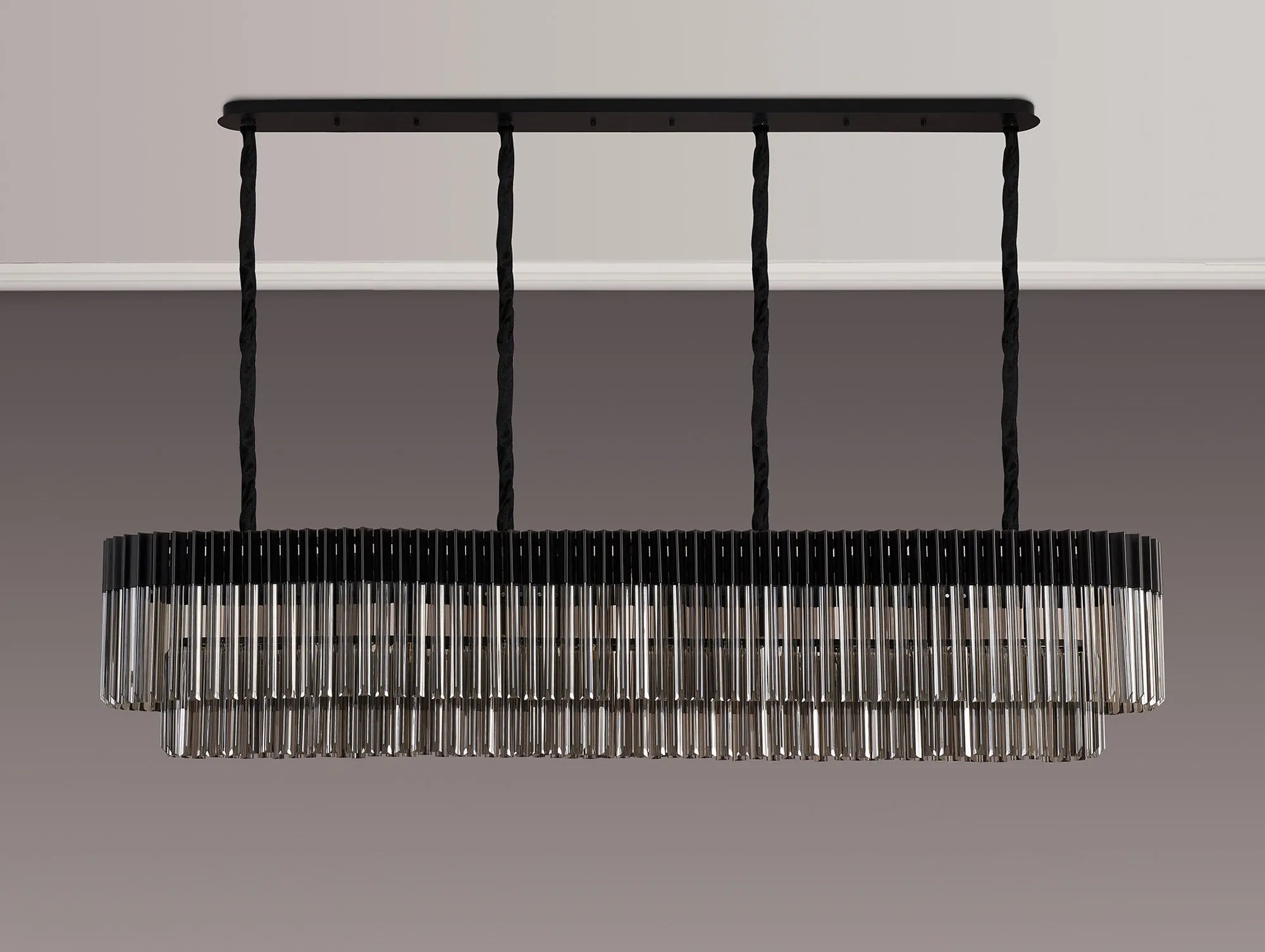 Cedar 200 x 40cm Linear Pendant 10 Light - Matt Black & Smoked Sculpted Glass