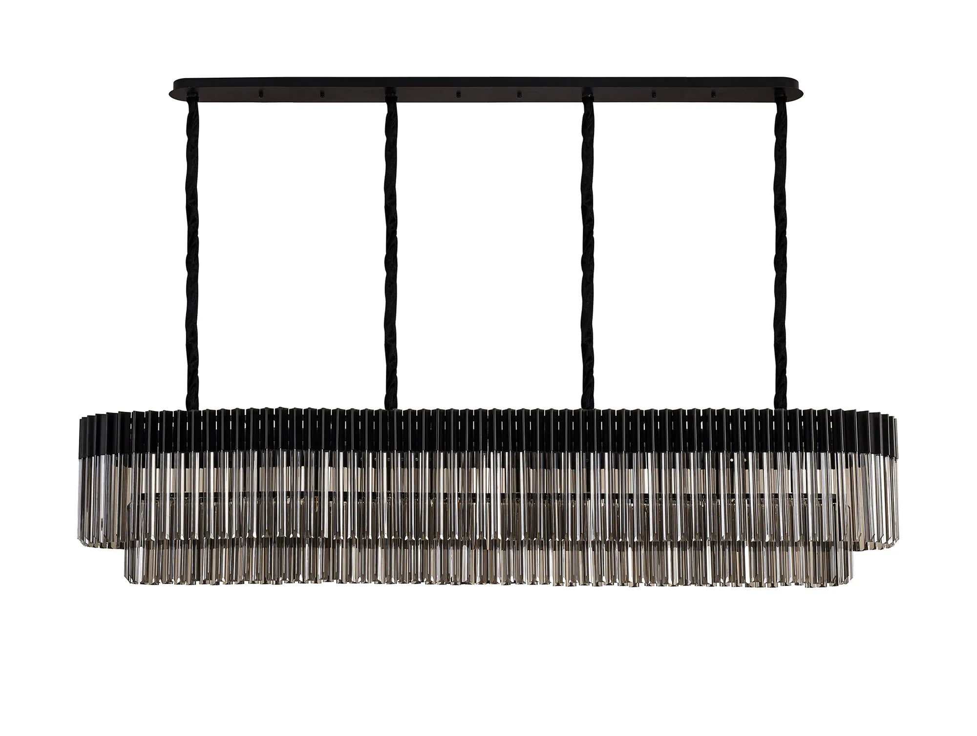 Cedar 200 x 40cm Linear Pendant 10 Light - Matt Black & Smoked Sculpted Glass