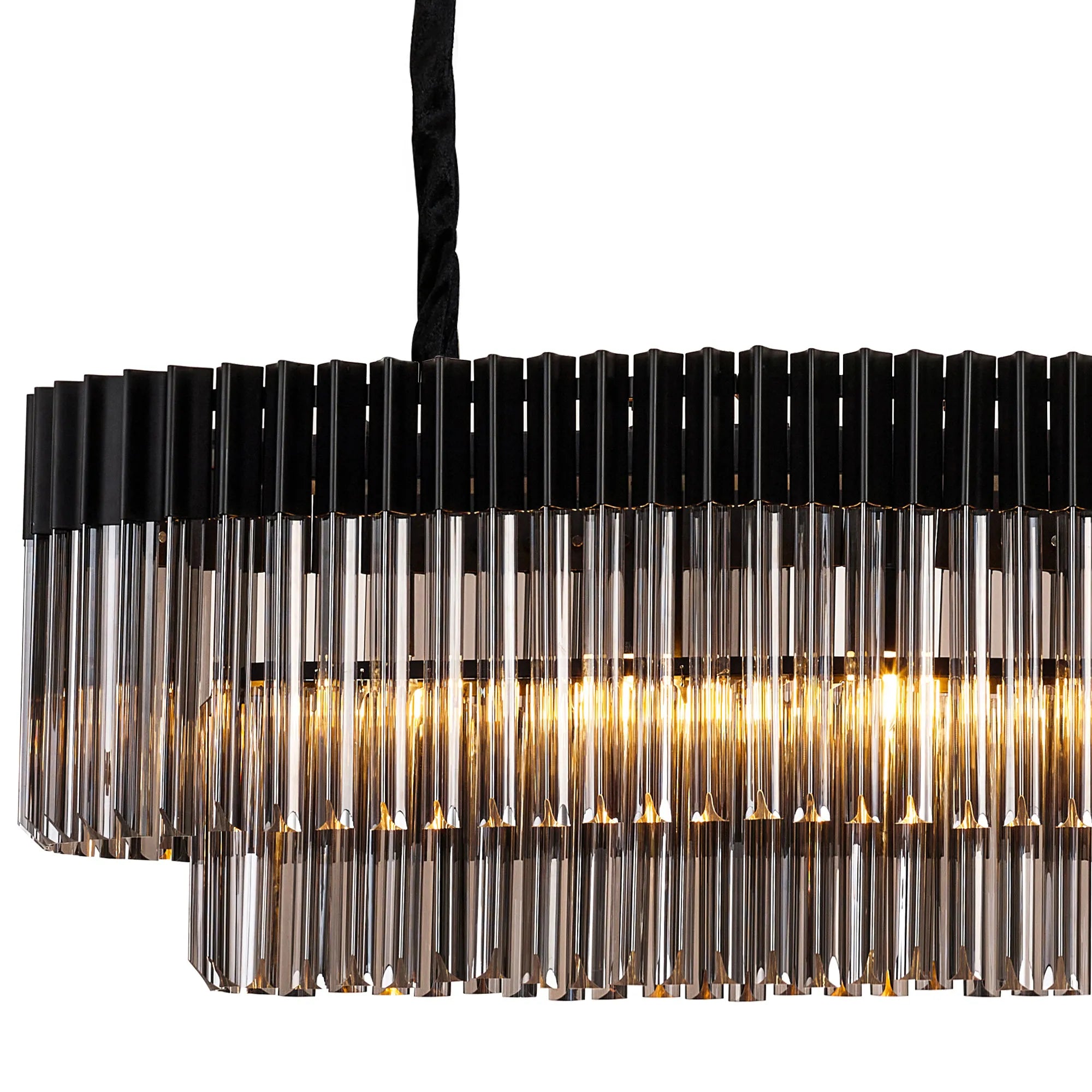 Cedar 200 x 40cm Linear Pendant 10 Light - Matt Black & Smoked Sculpted Glass
