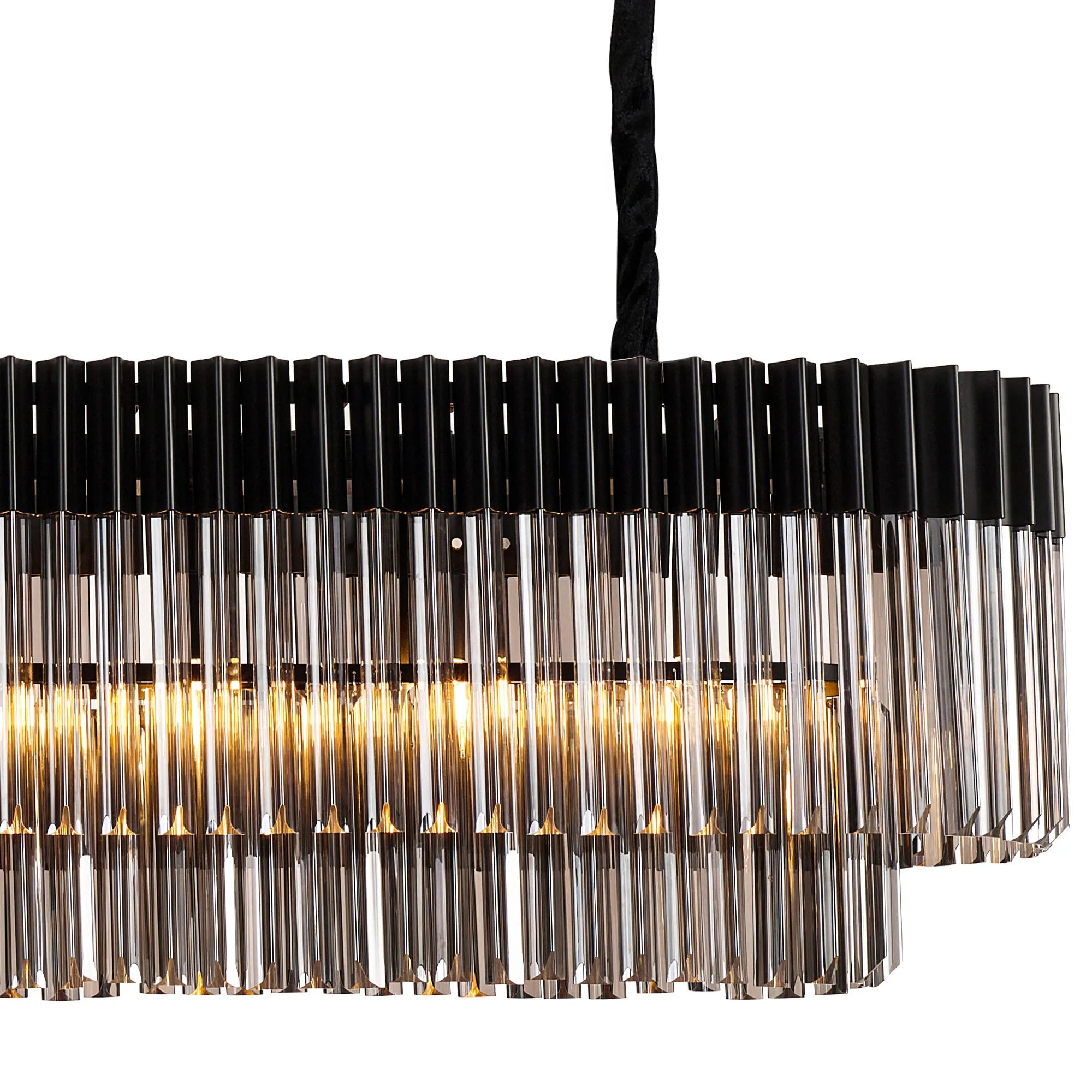 Cedar 200 x 40cm Linear Pendant 10 Light - Matt Black & Smoked Sculpted Glass