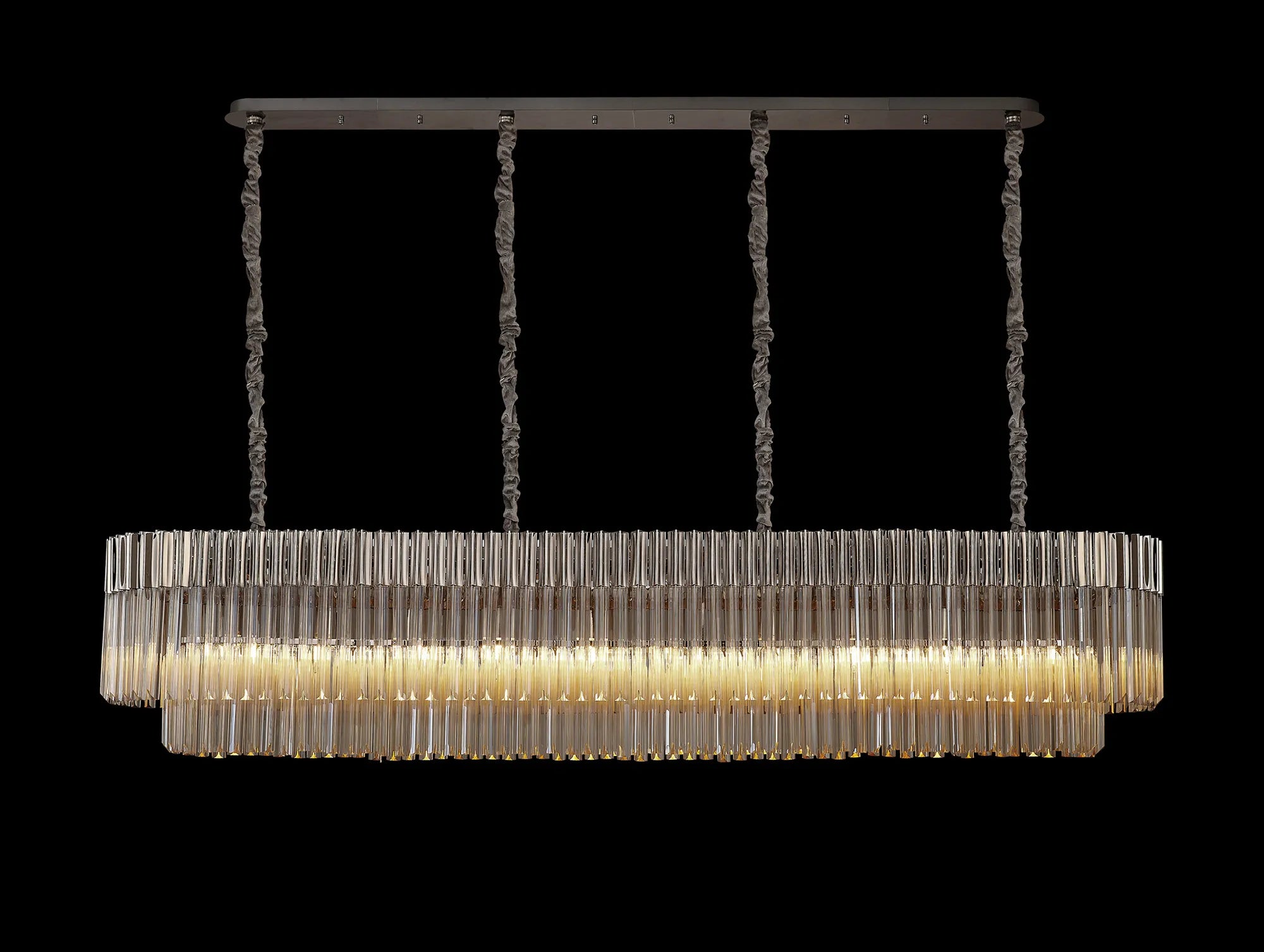 Cedar 200 x 40cm Linear Pendant 10 Light - Polished Nickel & Cognac Sculpted Glass