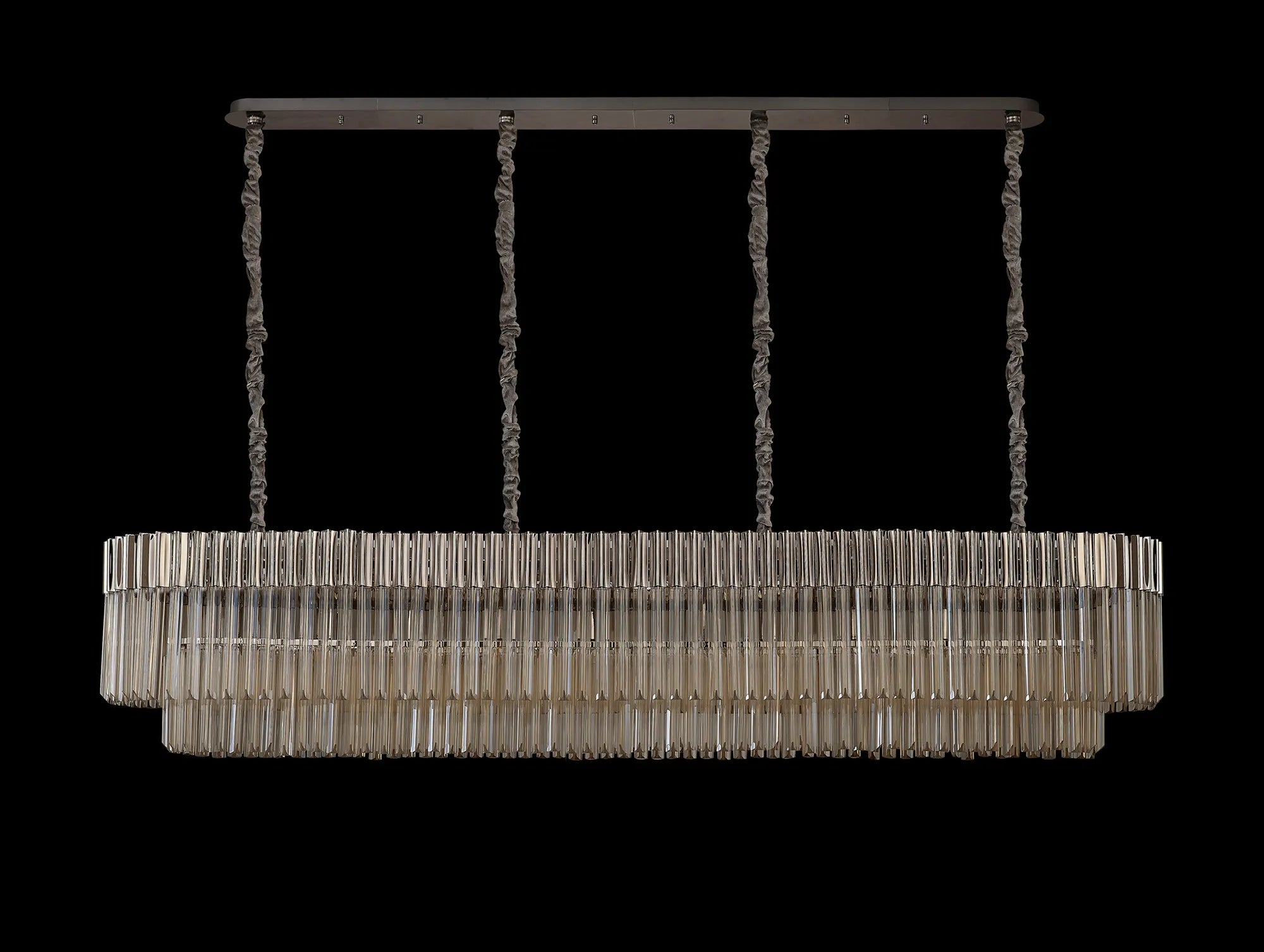 Cedar 200 x 40cm Linear Pendant 10 Light - Polished Nickel & Cognac Sculpted Glass