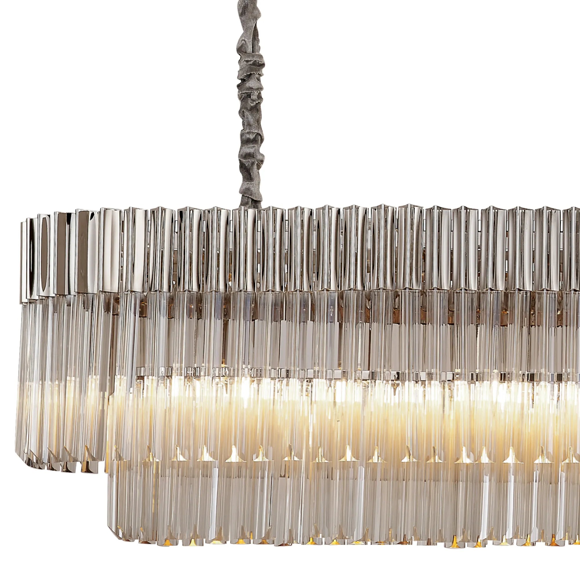 Cedar 200 x 40cm Linear Pendant 10 Light - Polished Nickel & Cognac Sculpted Glass