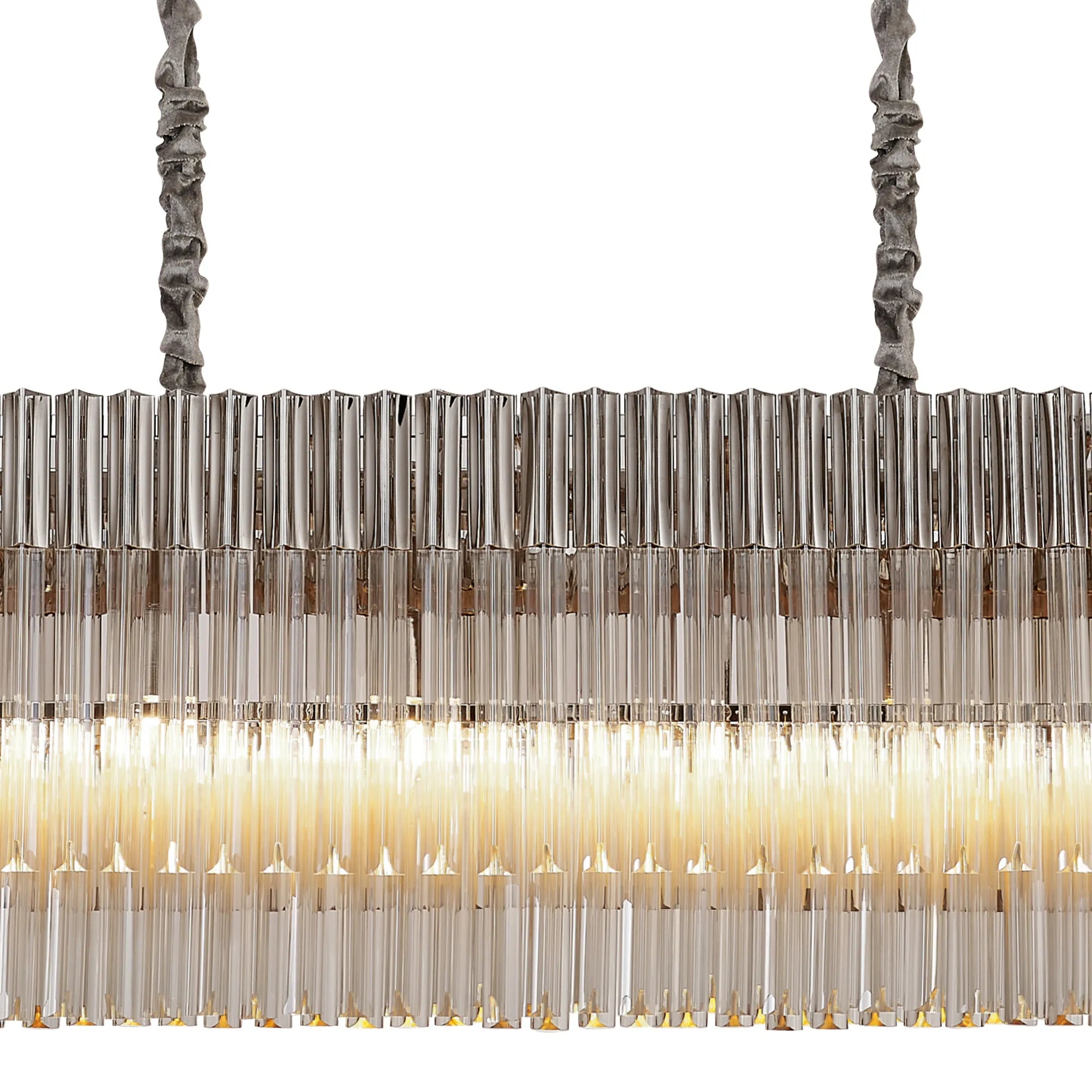 Cedar 200 x 40cm Linear Pendant 10 Light - Polished Nickel & Cognac Sculpted Glass