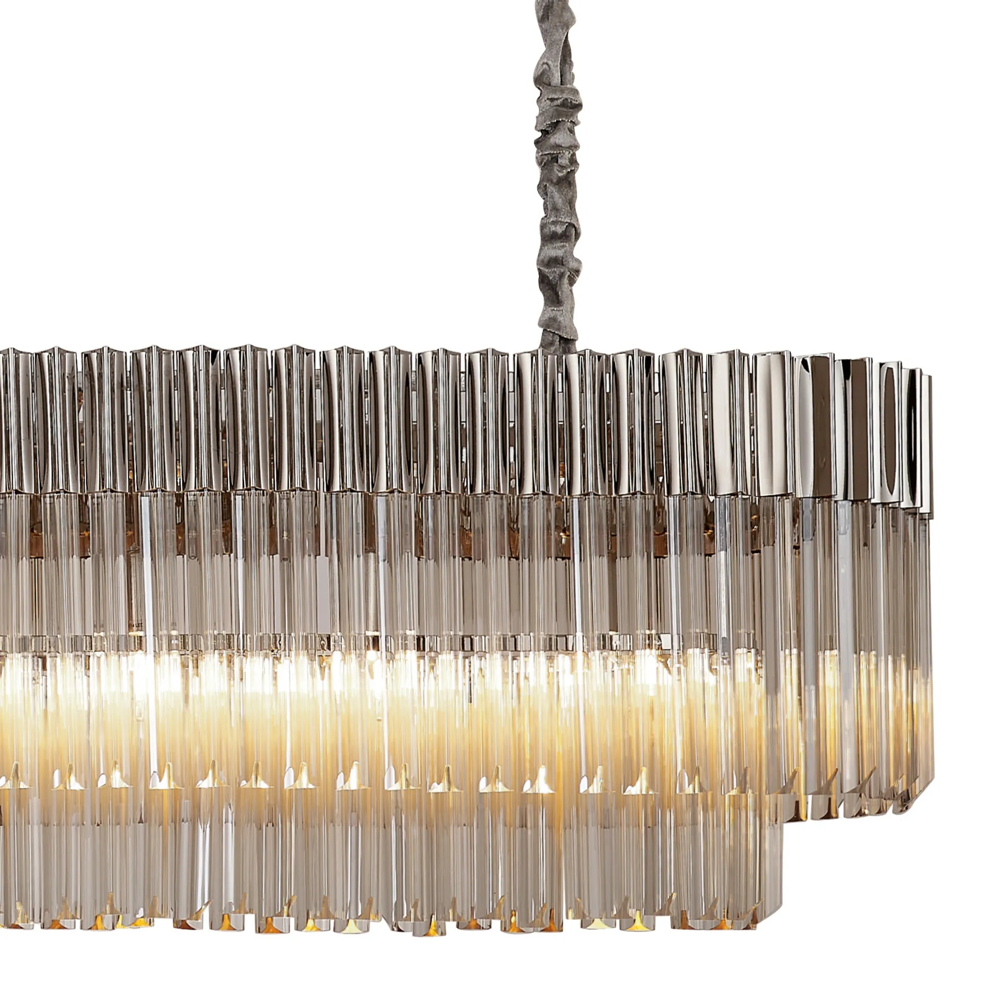 Cedar 200 x 40cm Linear Pendant 10 Light - Polished Nickel & Cognac Sculpted Glass