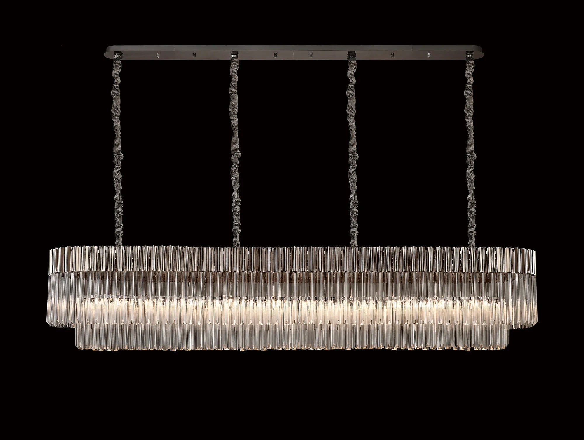 Cedar 200 x 40cm Linear Pendant 10 Light - Polished Nickel & Clear Sculpted Glass