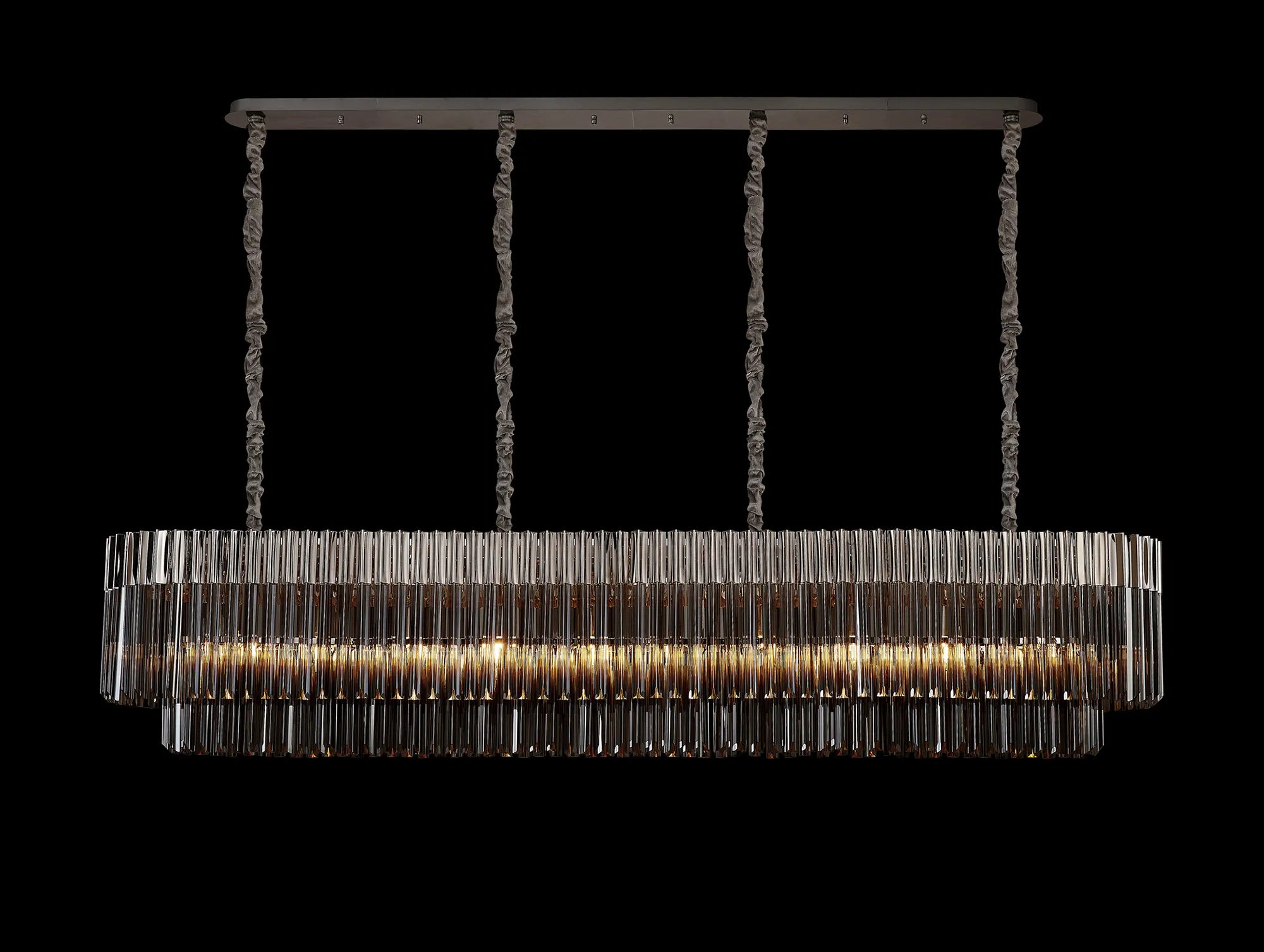 Cedar 200 x 40cm Linear Pendant 10 Light - Polished Nickel & Smoked Sculpted Glass