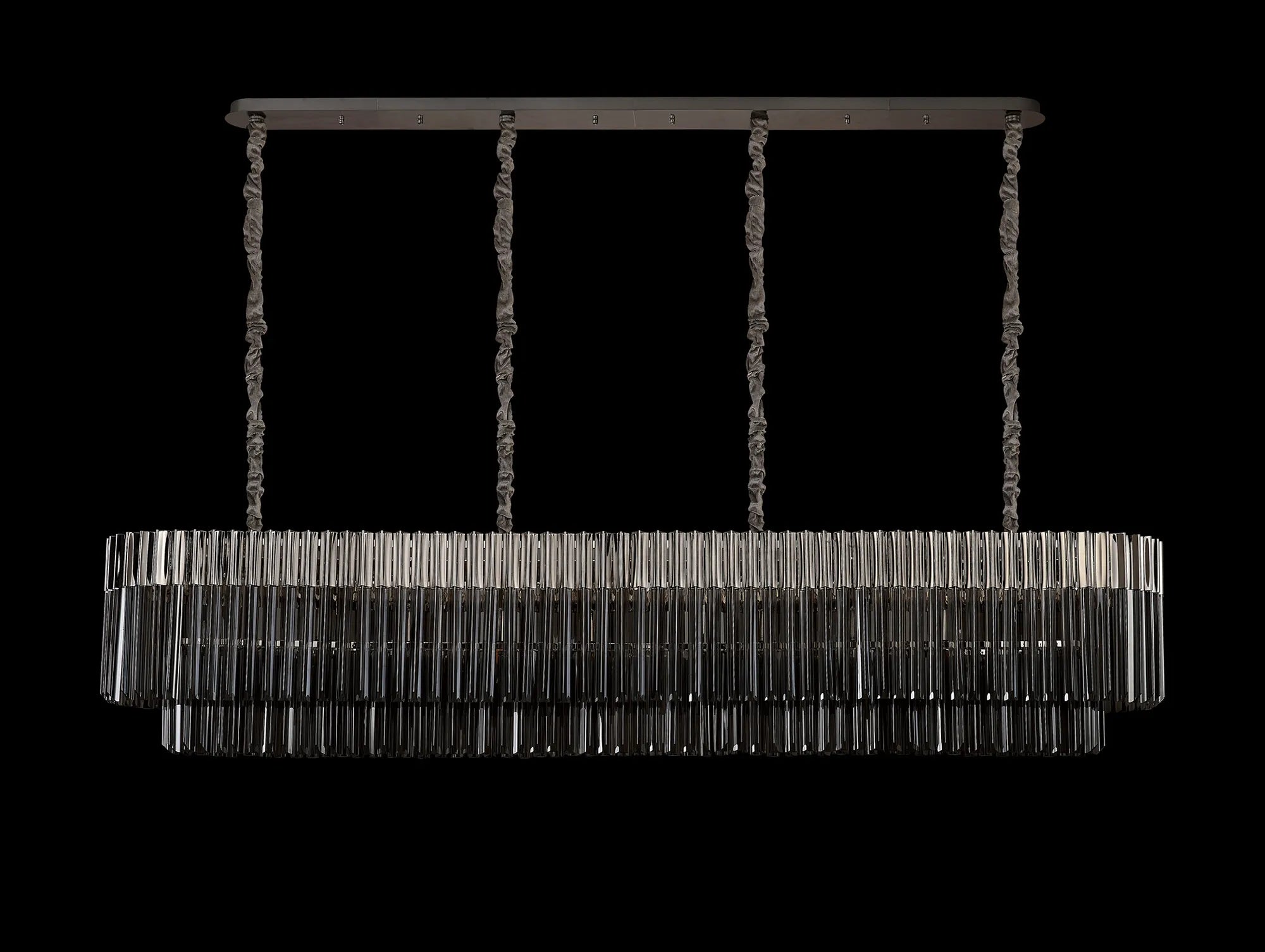 Cedar 200 x 40cm Linear Pendant 10 Light - Polished Nickel & Smoked Sculpted Glass