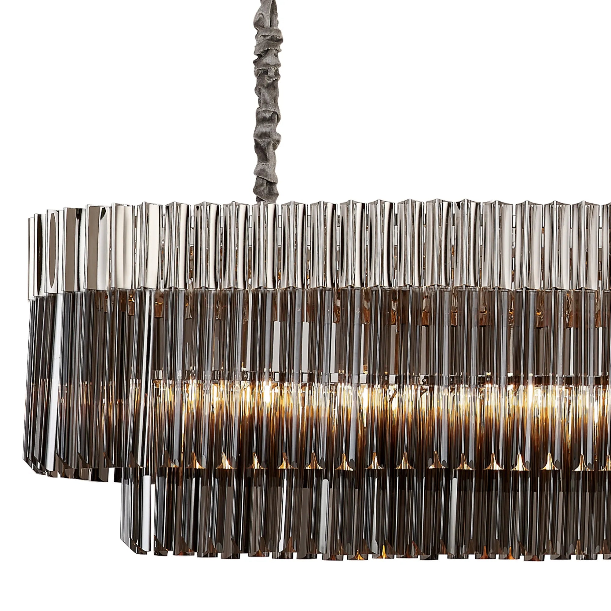 Cedar 200 x 40cm Linear Pendant 10 Light - Polished Nickel & Smoked Sculpted Glass