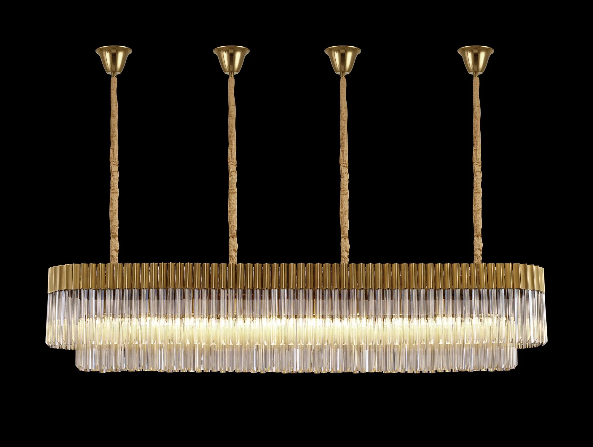 Cedar 200 x 40cm Linear Pendant With Bell Cup 10 Light - Brass & Cognac Sculpted Glass