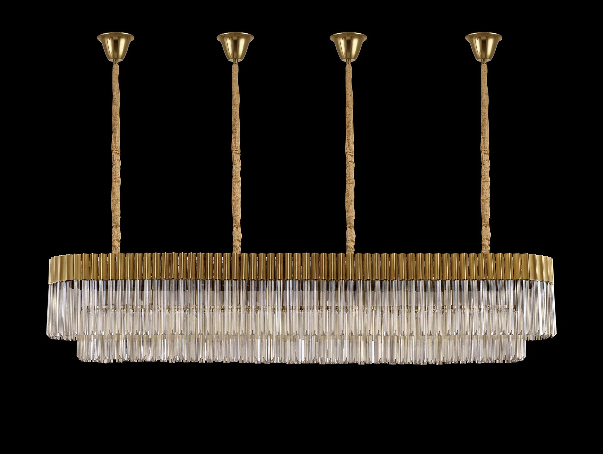 Cedar 200 x 40cm Linear Pendant With Bell Cup 10 Light - Brass & Cognac Sculpted Glass