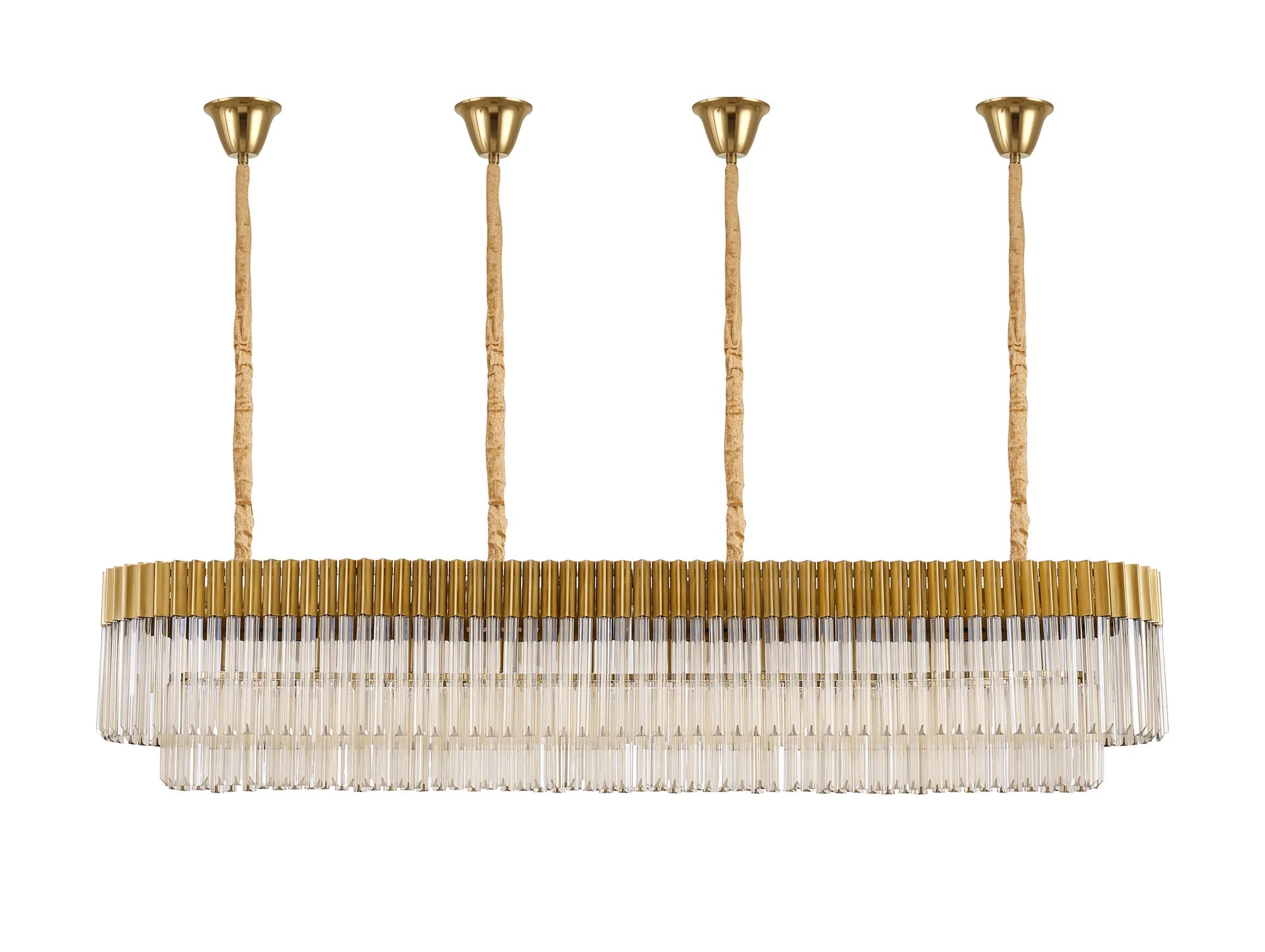 Cedar 200 x 40cm Linear Pendant With Bell Cup 10 Light - Brass & Cognac Sculpted Glass