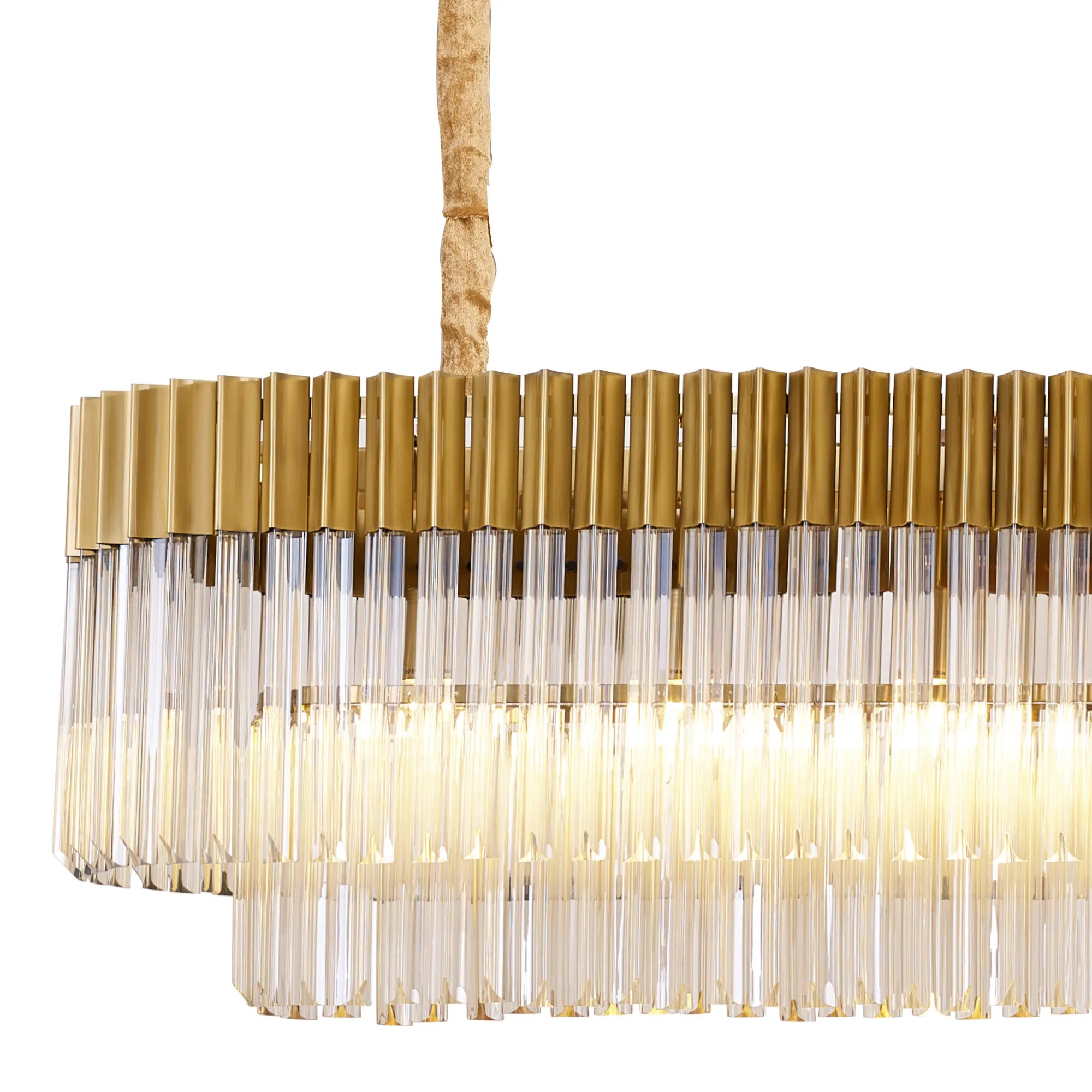 Cedar 200 x 40cm Linear Pendant With Bell Cup 10 Light - Brass & Cognac Sculpted Glass