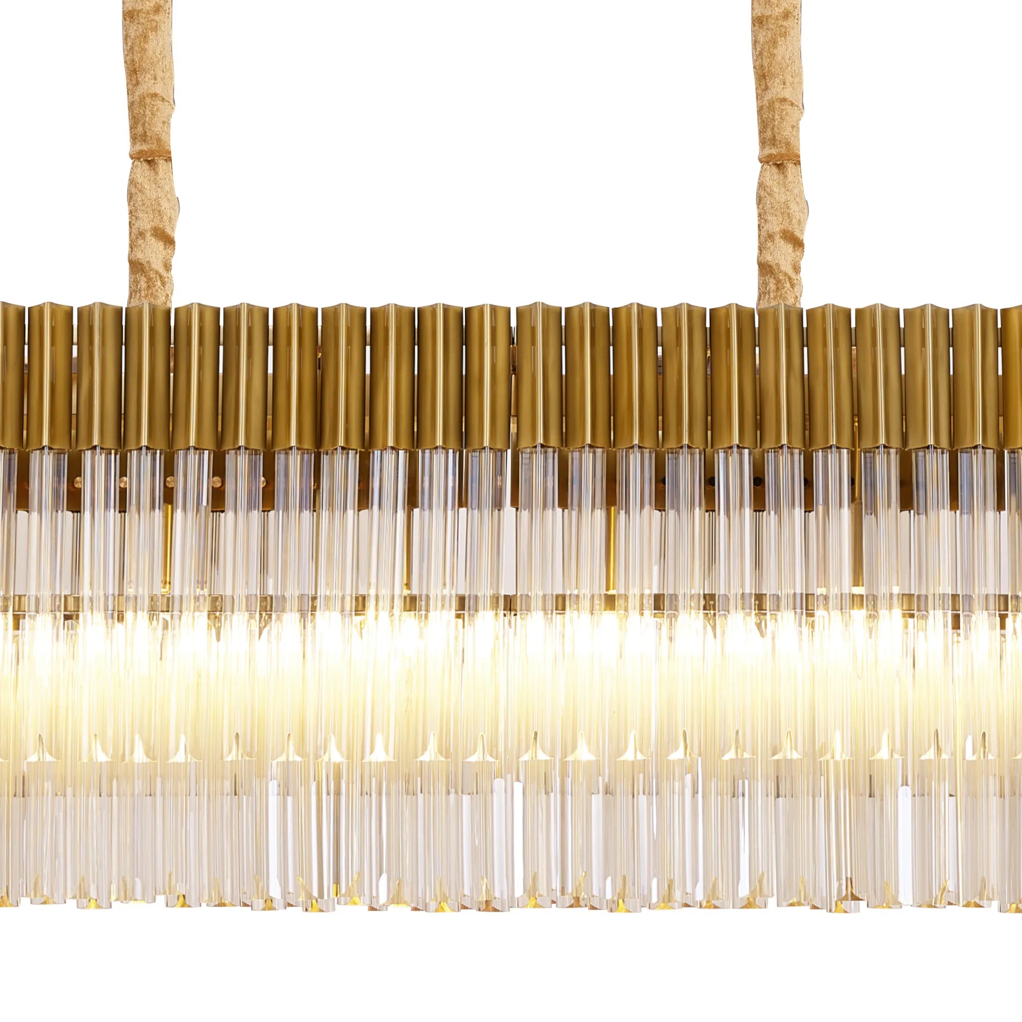 Cedar 200 x 40cm Linear Pendant With Bell Cup 10 Light - Brass & Cognac Sculpted Glass