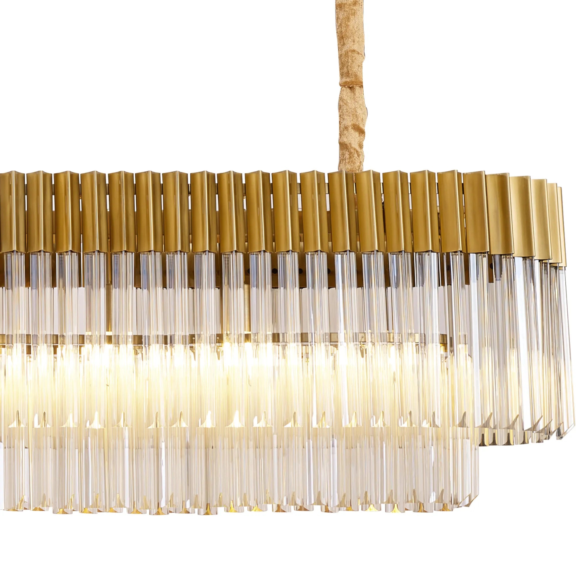 Cedar 200 x 40cm Linear Pendant With Bell Cup 10 Light - Brass & Cognac Sculpted Glass