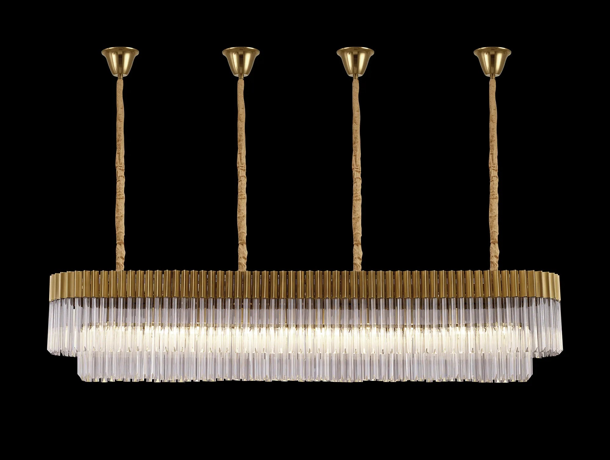 Cedar 200 x 40cm Linear Pendant With Bell Cup 10 Light - Brass & Clear Sculpted Glass