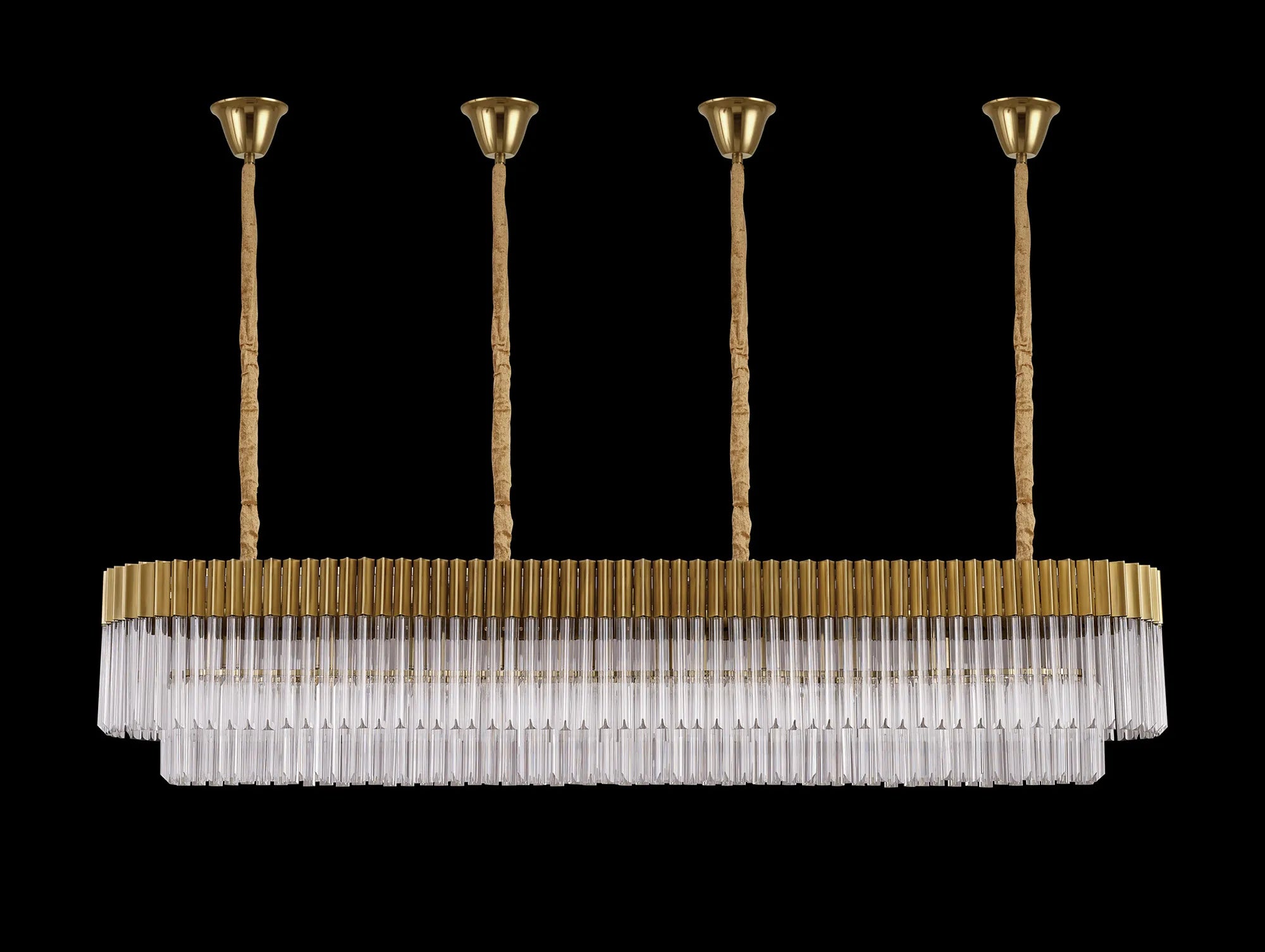 Cedar 200 x 40cm Linear Pendant With Bell Cup 10 Light - Brass & Clear Sculpted Glass