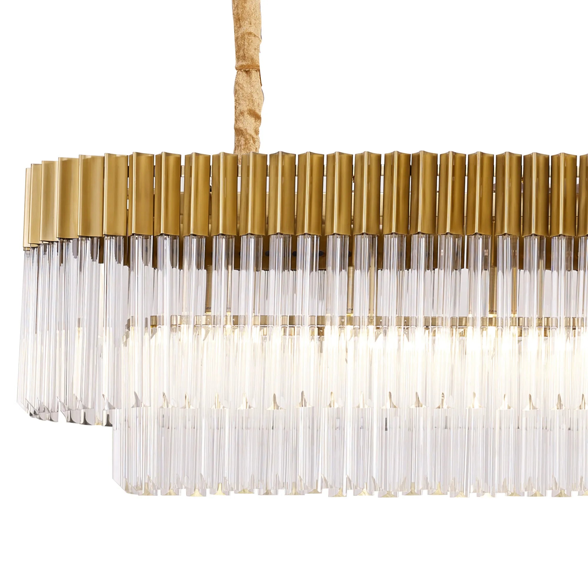 Cedar 200 x 40cm Linear Pendant With Bell Cup 10 Light - Brass & Clear Sculpted Glass