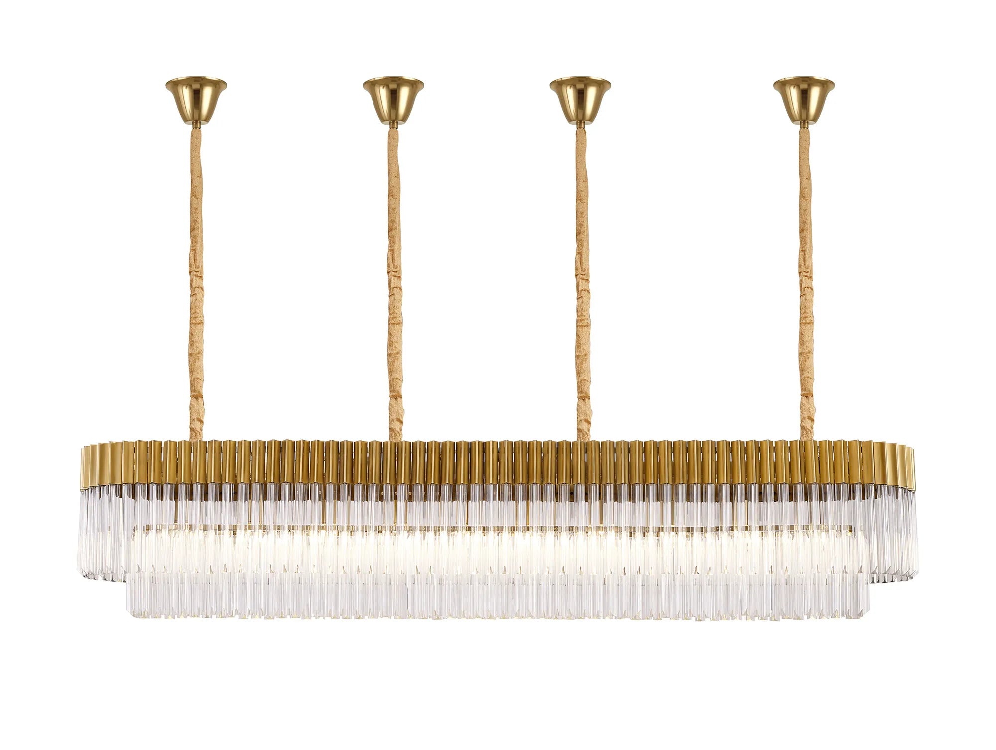 Cedar 200 x 40cm Linear Pendant With Bell Cup 10 Light - Brass & Clear Sculpted Glass