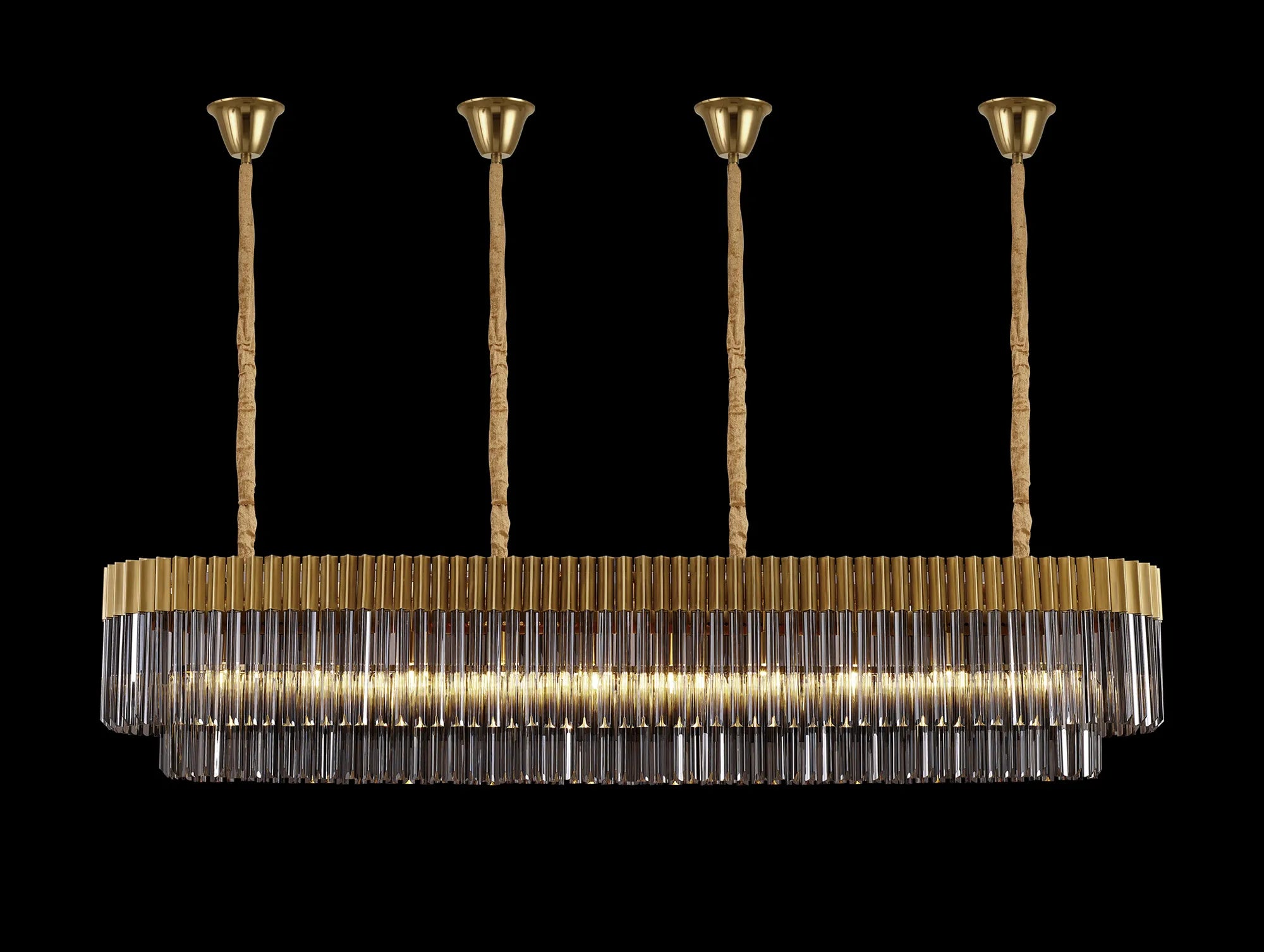 Cedar 200 x 40cm Linear Pendant With Bell Cup 10 Light - Brass & Smoked Sculpted Glass