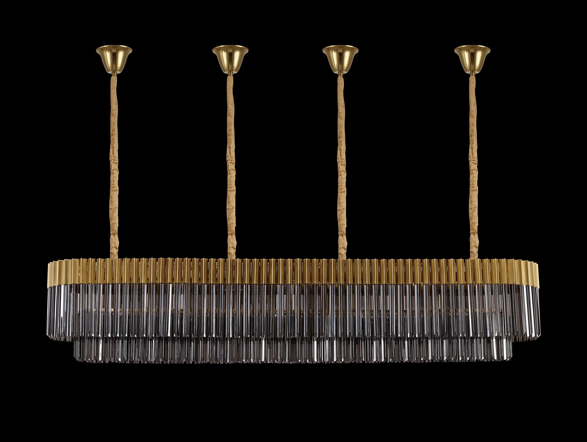 Cedar 200 x 40cm Linear Pendant With Bell Cup 10 Light - Brass & Smoked Sculpted Glass