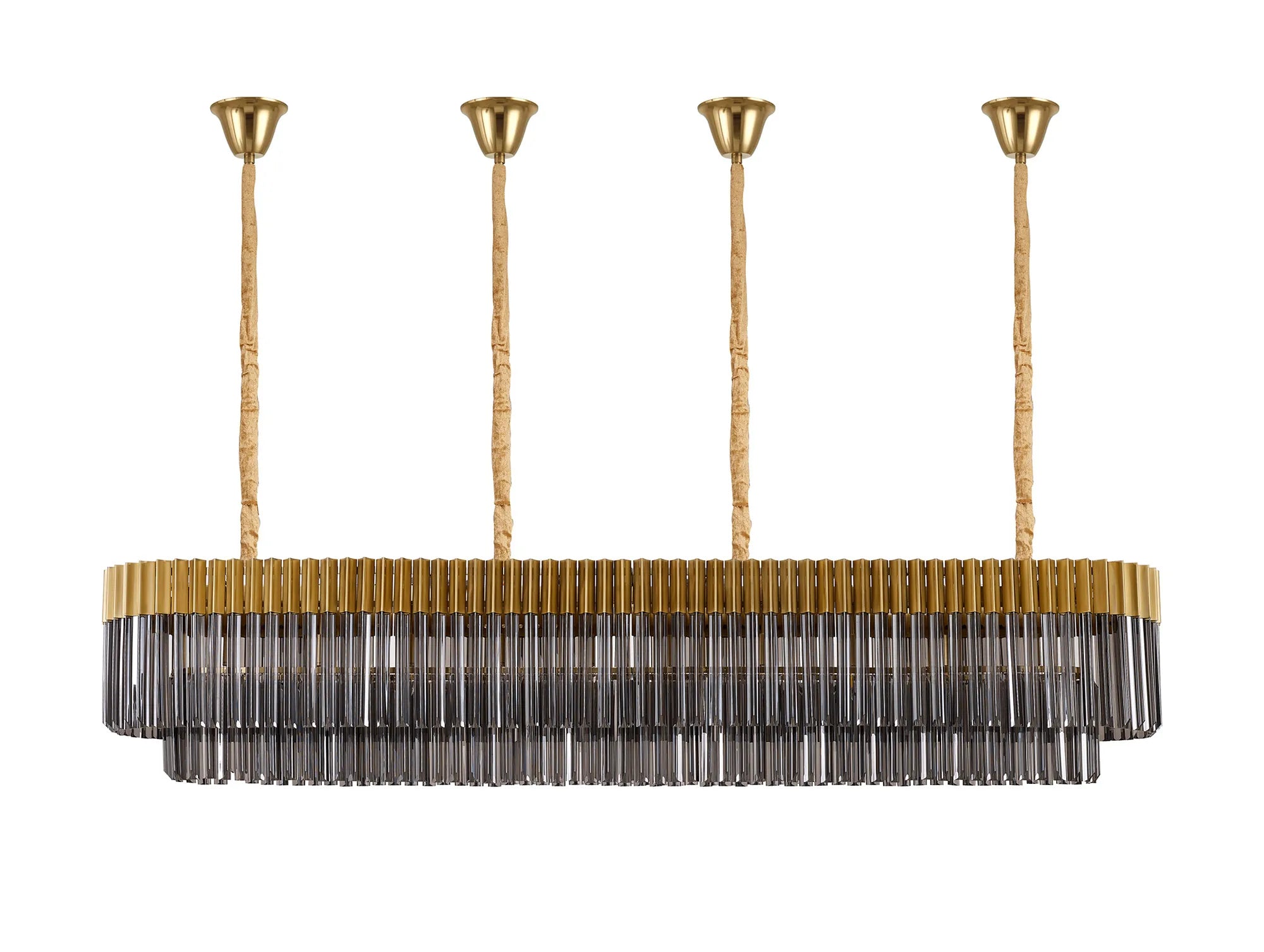 Cedar 200 x 40cm Linear Pendant With Bell Cup 10 Light - Brass & Smoked Sculpted Glass