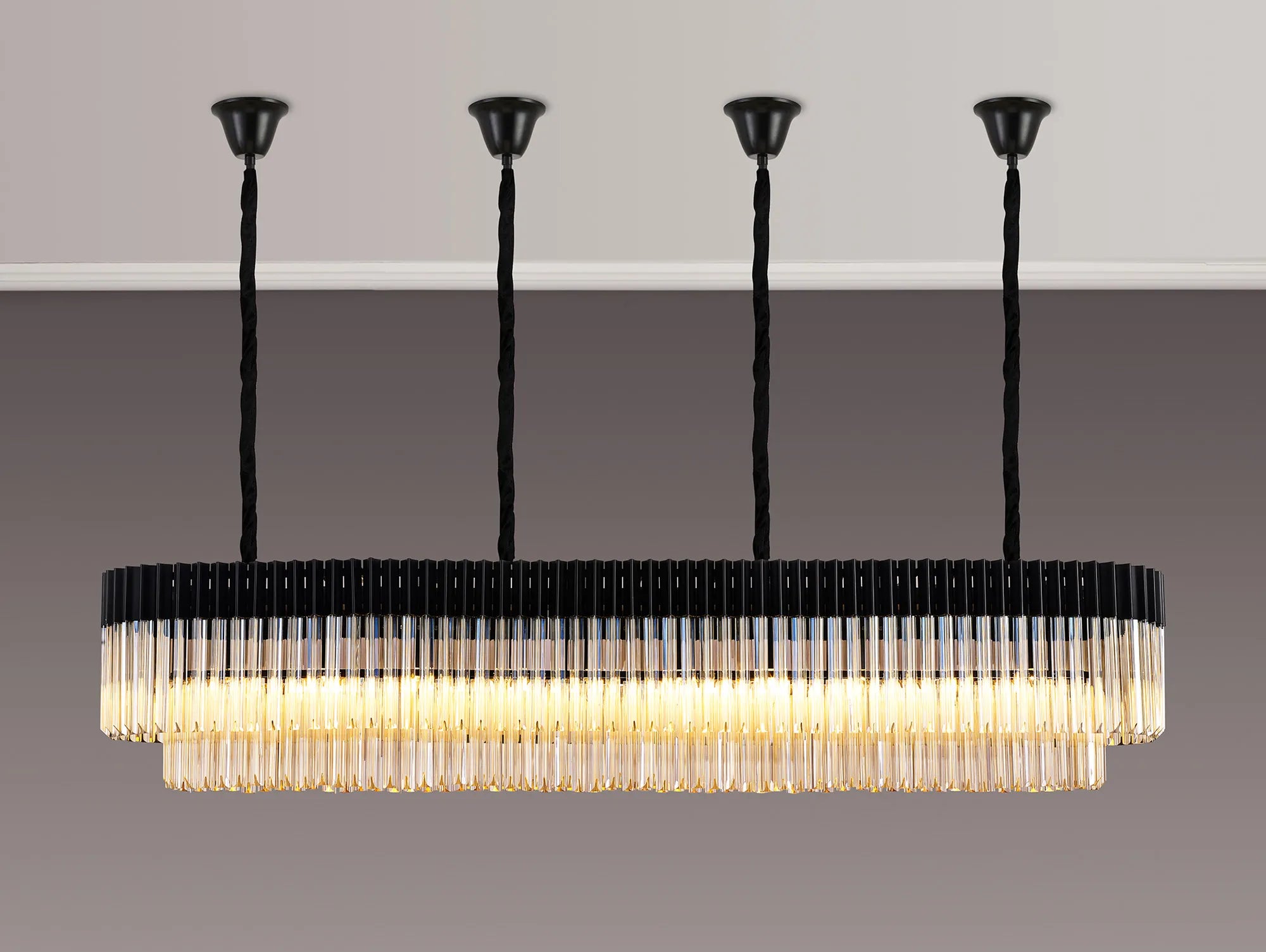 Cedar 200 x 40cm Linear Pendant With Bell Cup 10 Light - Matt Black & Cognac Sculpted Glass