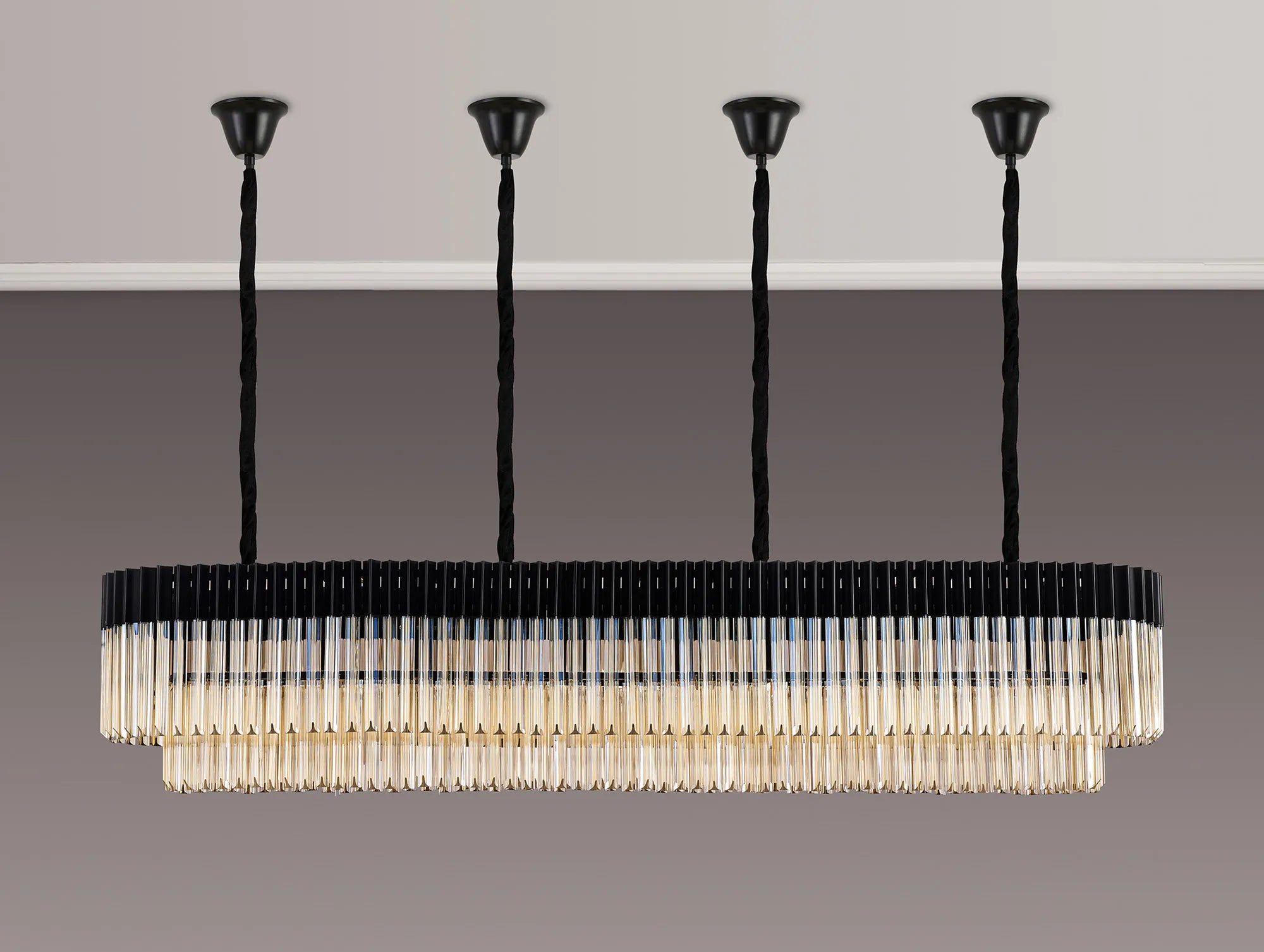 Cedar 200 x 40cm Linear Pendant With Bell Cup 10 Light - Matt Black & Cognac Sculpted Glass