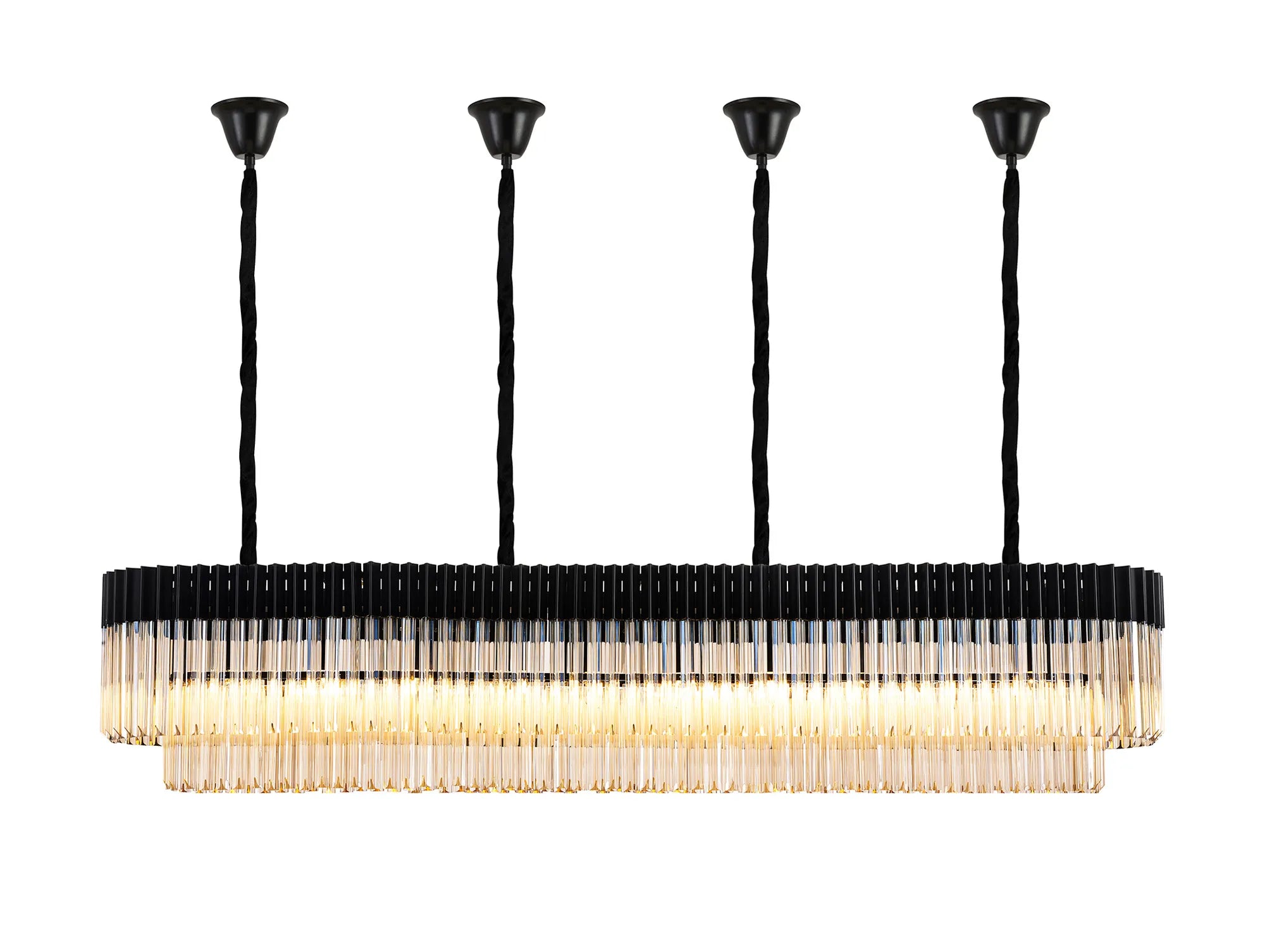 Cedar 200 x 40cm Linear Pendant With Bell Cup 10 Light - Matt Black & Cognac Sculpted Glass