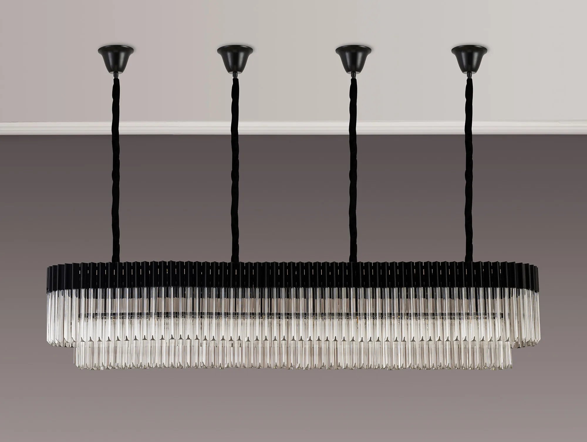 Cedar 200 x 40cm Linear Pendant With Bell Cup 10 Light - Matt Black & Clear Sculpted Glass