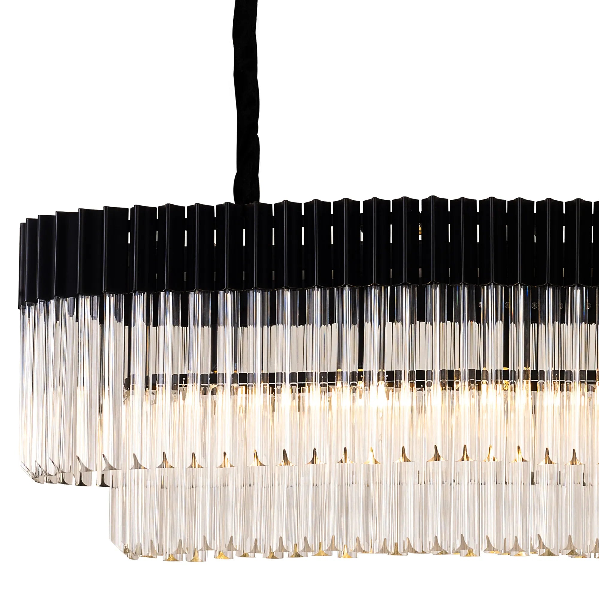 Cedar 200 x 40cm Linear Pendant With Bell Cup 10 Light - Matt Black & Clear Sculpted Glass