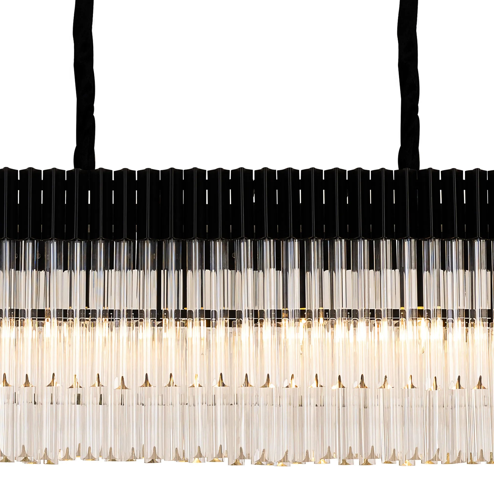 Cedar 200 x 40cm Linear Pendant With Bell Cup 10 Light - Matt Black & Clear Sculpted Glass