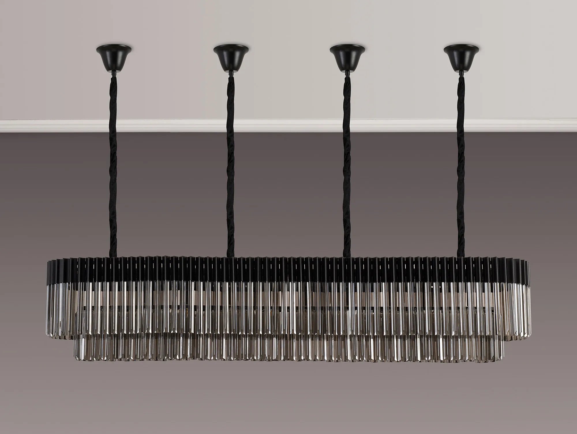 Cedar 200 x 40cm Linear Pendant With Bell Cup 10 Light - Matt Black & Smoked Sculpted Glass
