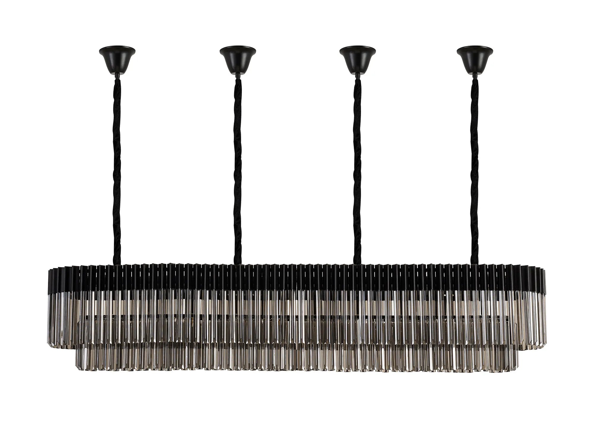 Cedar 200 x 40cm Linear Pendant With Bell Cup 10 Light - Matt Black & Smoked Sculpted Glass