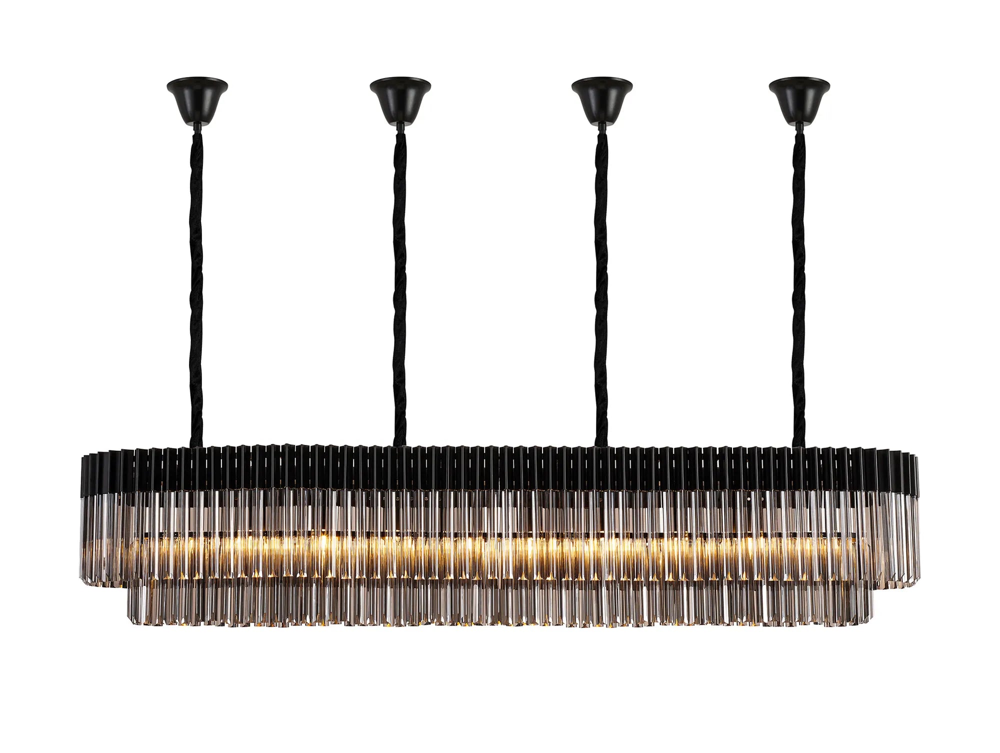 Cedar 200 x 40cm Linear Pendant With Bell Cup 10 Light - Matt Black & Smoked Sculpted Glass
