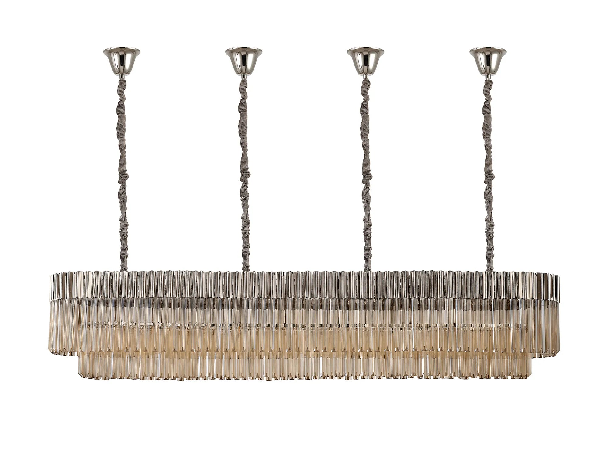 Cedar 200 x 40cm Linear Pendant With Bell Cup 10 Light - Polished Nickel & Cognac Sculpted Glass