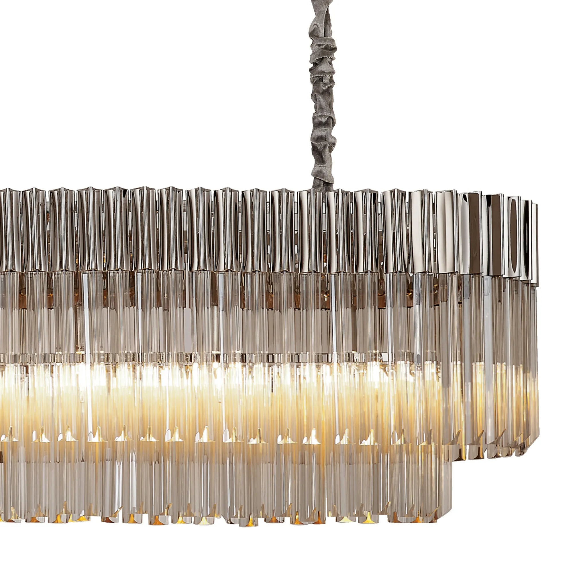 Cedar 200 x 40cm Linear Pendant With Bell Cup 10 Light - Polished Nickel & Cognac Sculpted Glass