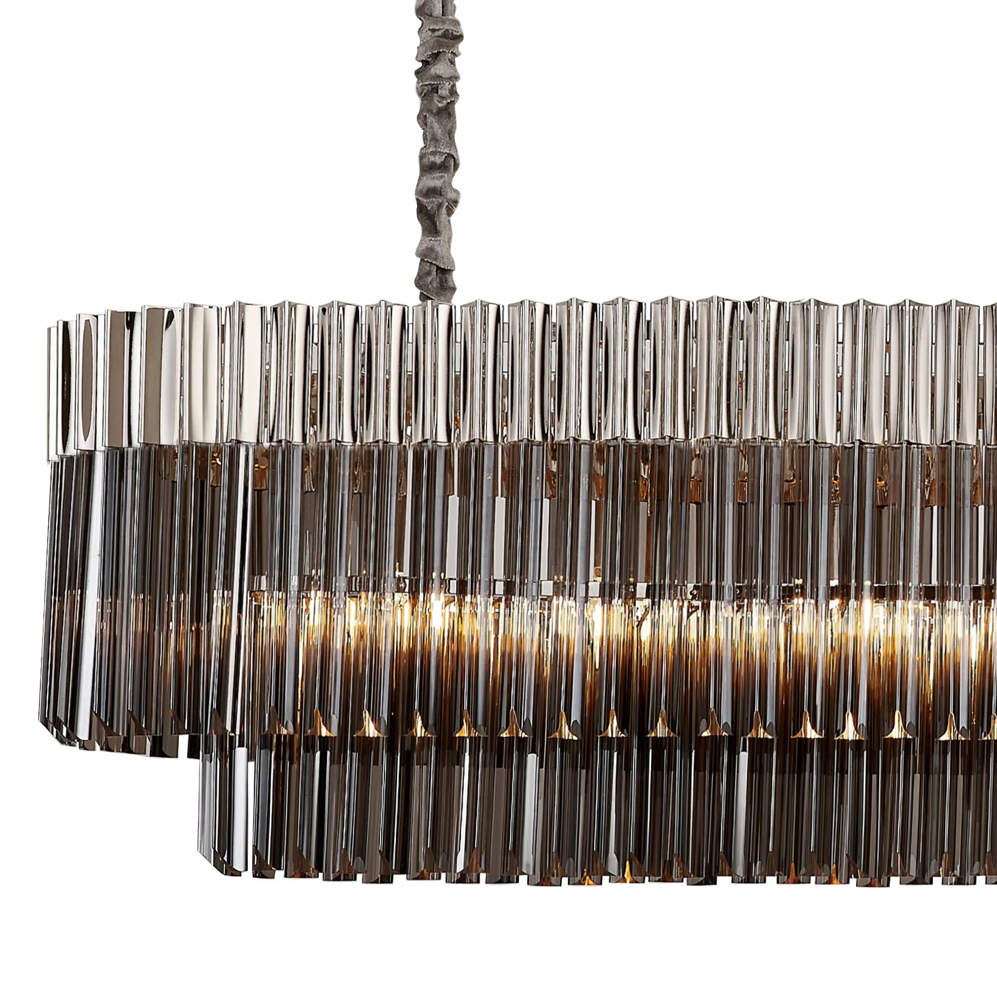 Cedar 200 x 40cm Linear Pendant With Bell Cup 10 Light - Polished Nickel & Smoked Sculpted Glass