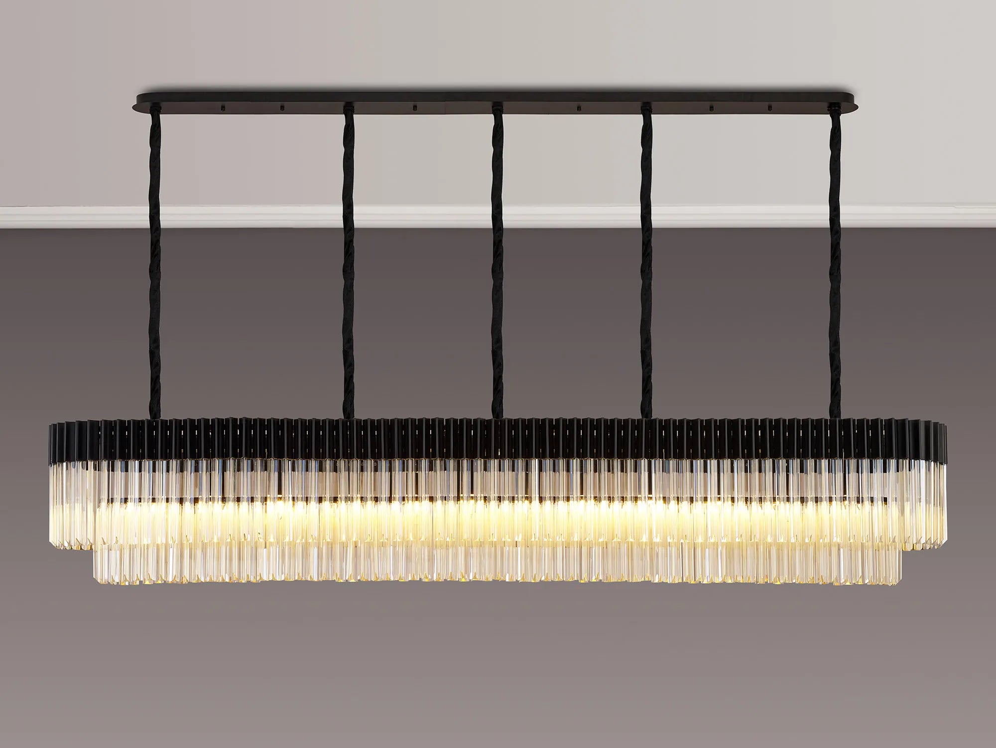 Cedar 225 Light - 40cm Linear Pendant 12 Light - Matt Black & Cognac Sculpted Glass