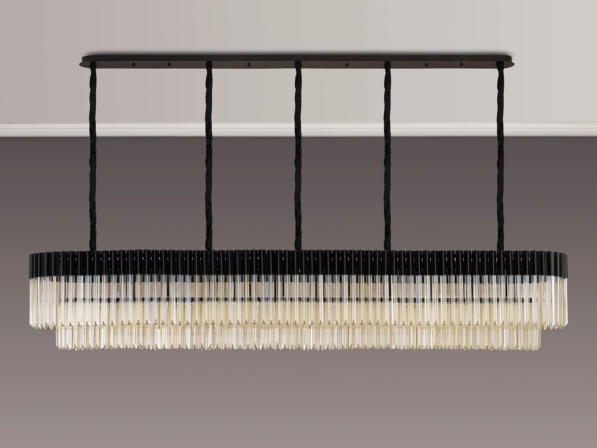 Cedar 225 Light - 40cm Linear Pendant 12 Light - Matt Black & Cognac Sculpted Glass